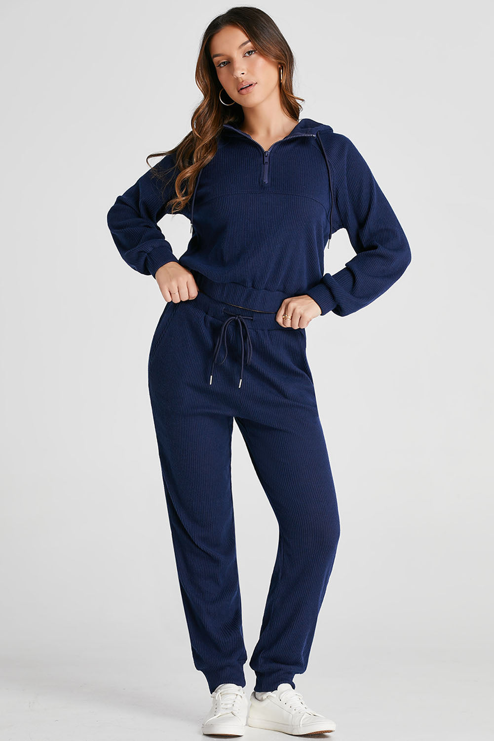 Navy Blue Ribbed Knit Cropped Hoodie and Drawstring Joggers Set PLUS AVAILIBLE SALE