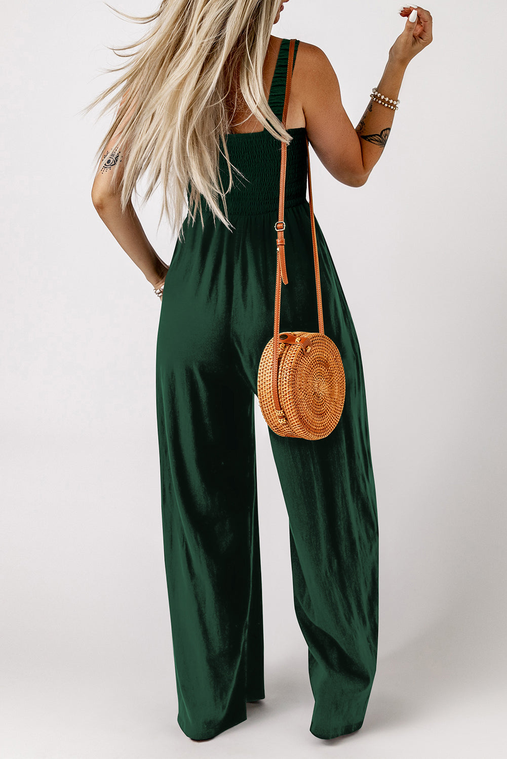 Green Smocked Sleeveless Wide Leg Jumpsuit with Pockets PLUS AVAILABLE
