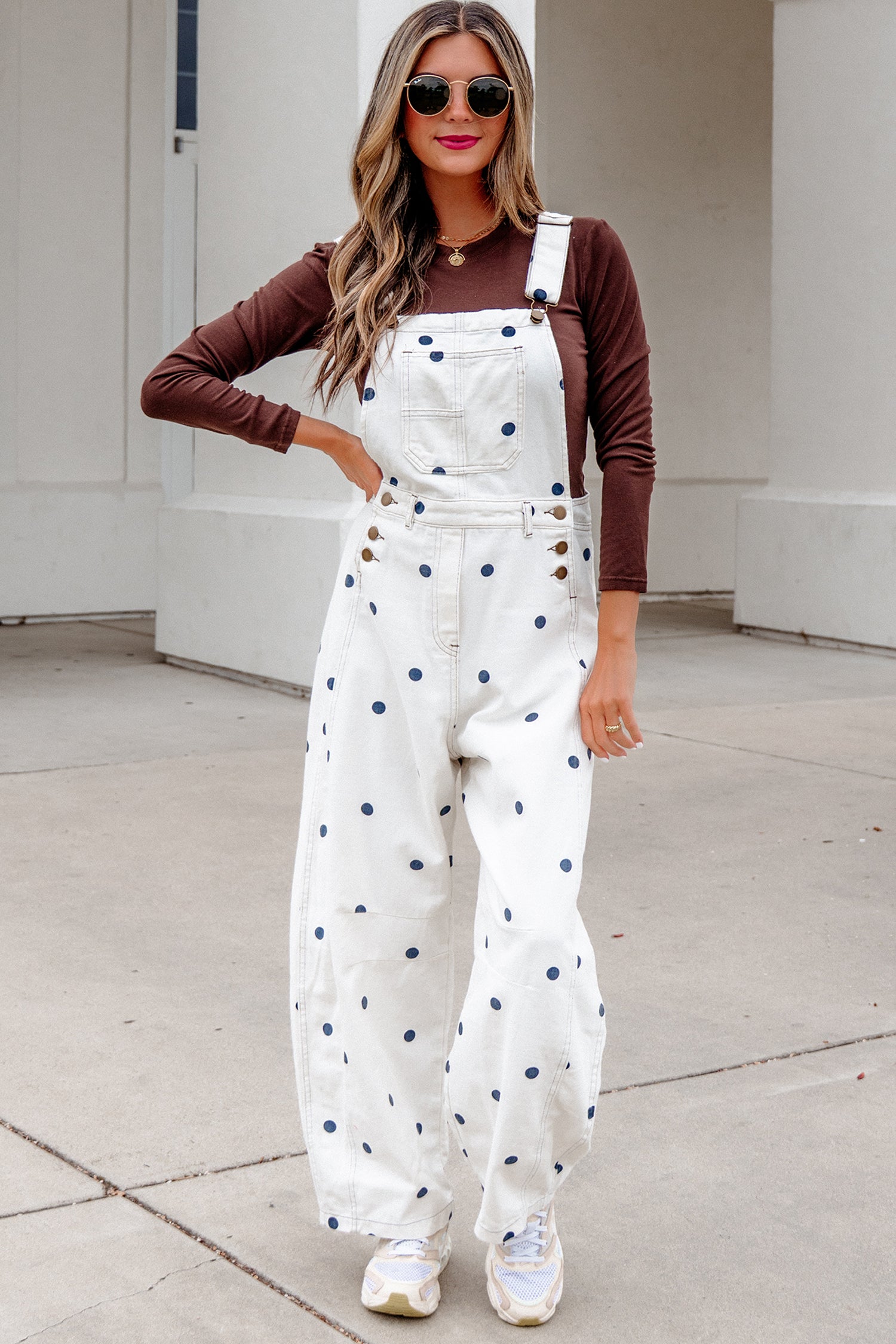 Light French Beige Polka Dot Print Bib Pocket Denim Barrel Overalls Jumpsuit SALE
