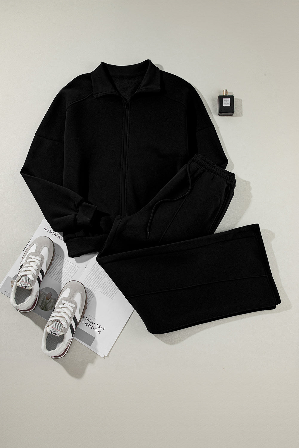 Black Drop Shoulder Zip Up Jacket Drawstring Pants Active 2pcs Set PLUS AVAILIBLE SALE