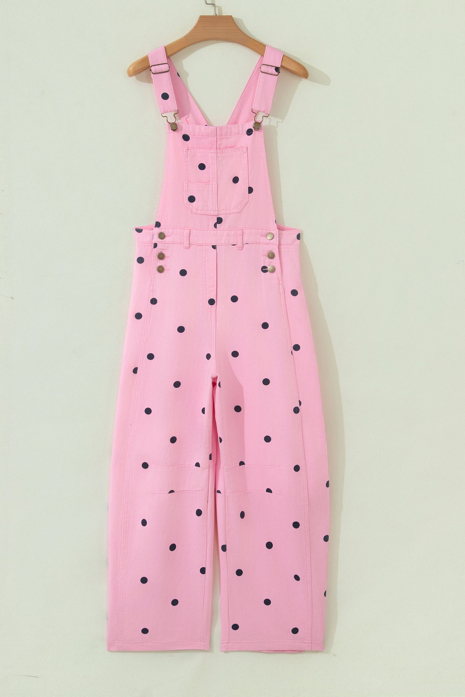 Light French Beige Polka Dot Print Bib Pocket Denim Barrel Overalls Jumpsuit SALE