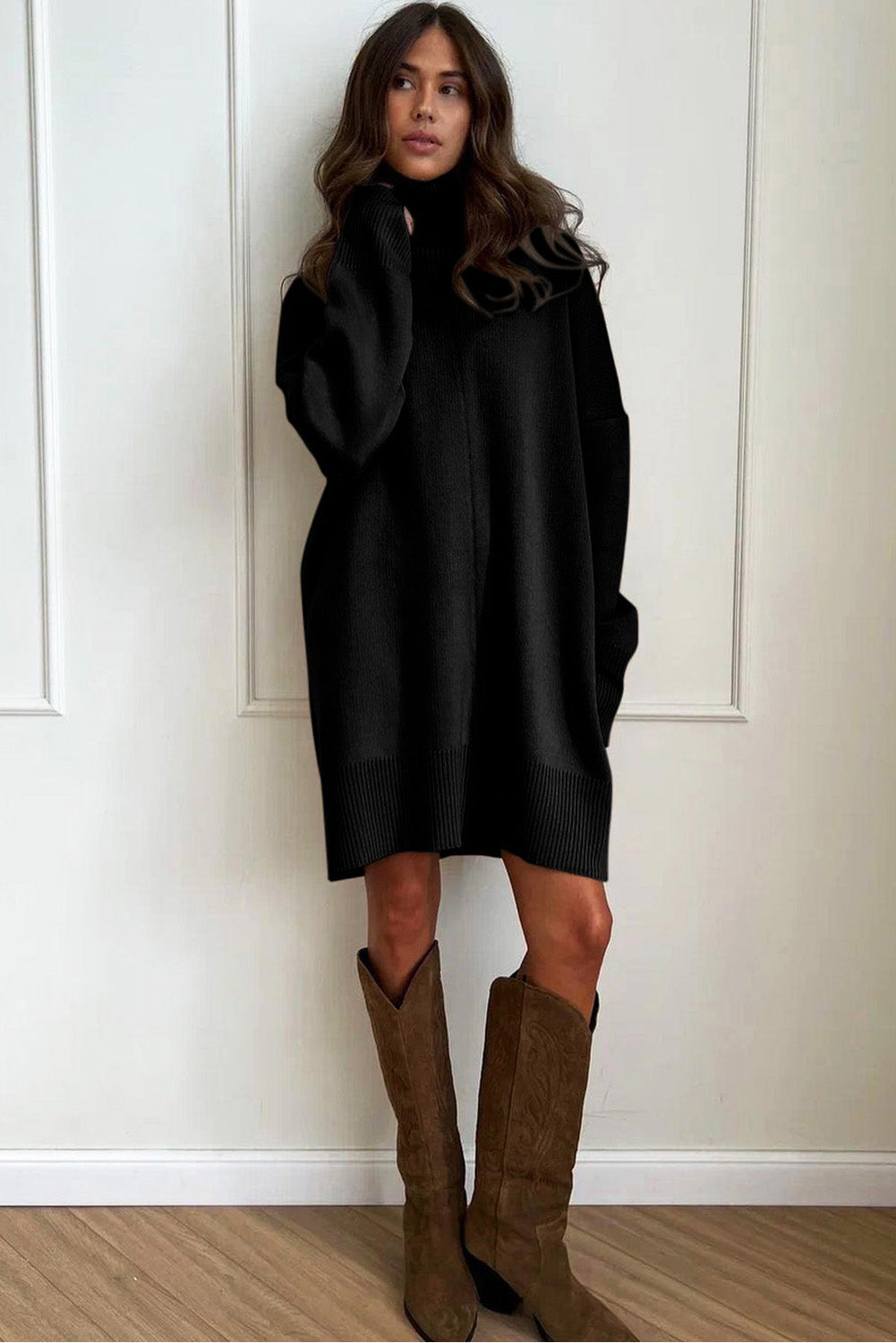 Black Solid Color Turtleneck Drop Shoulder Loose Sweater Dress PLUS AVAILIBLE SALE
