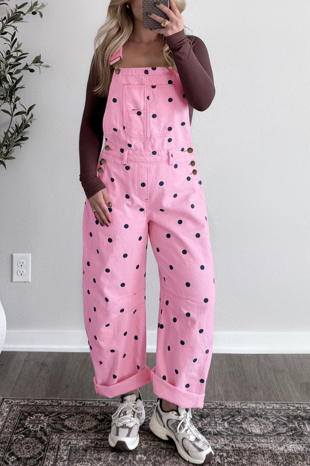 Light French Beige Polka Dot Print Bib Pocket Denim Barrel Overalls Jumpsuit SALE