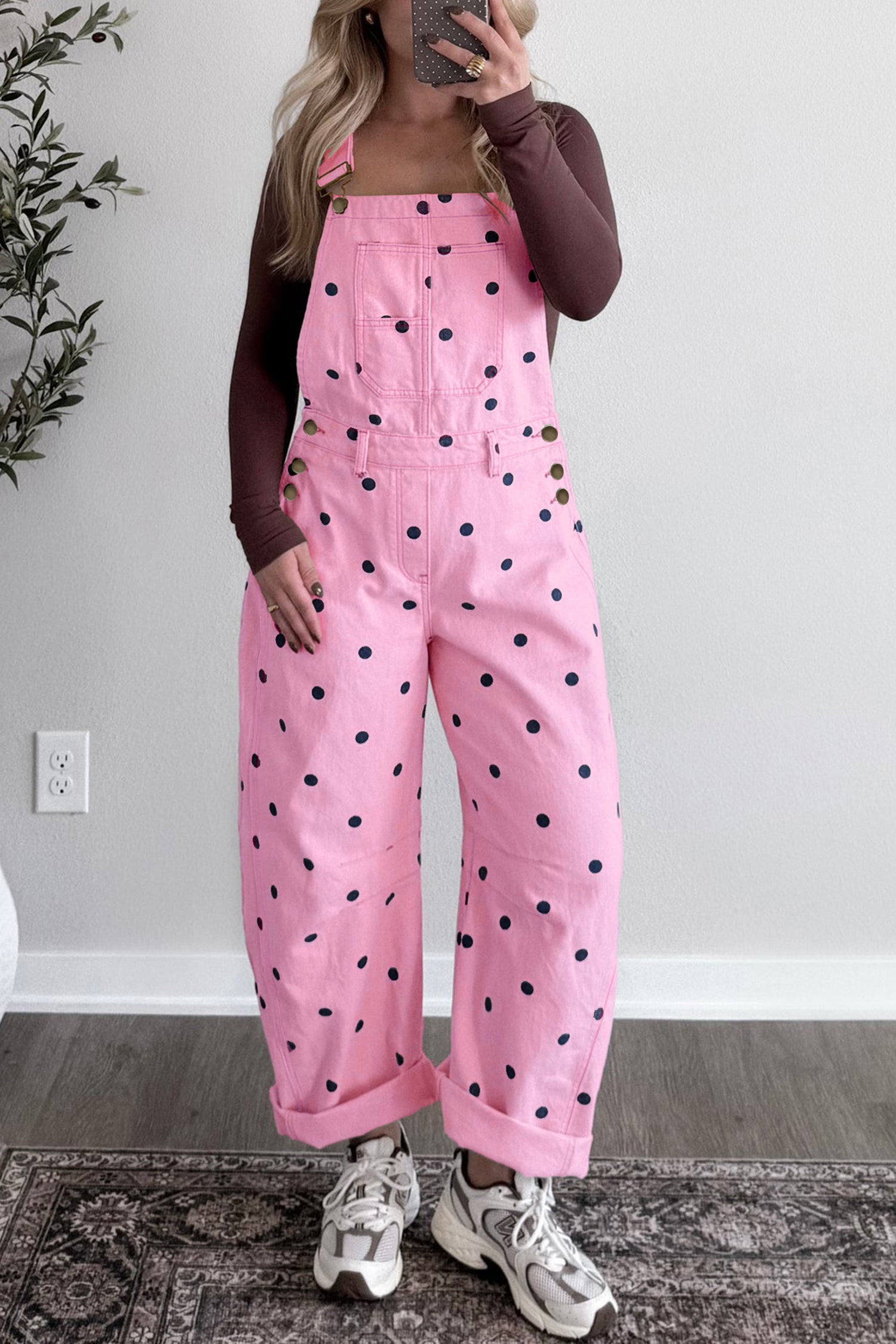 Light French Beige Polka Dot Print Bib Pocket Denim Barrel Overalls Jumpsuit SALE