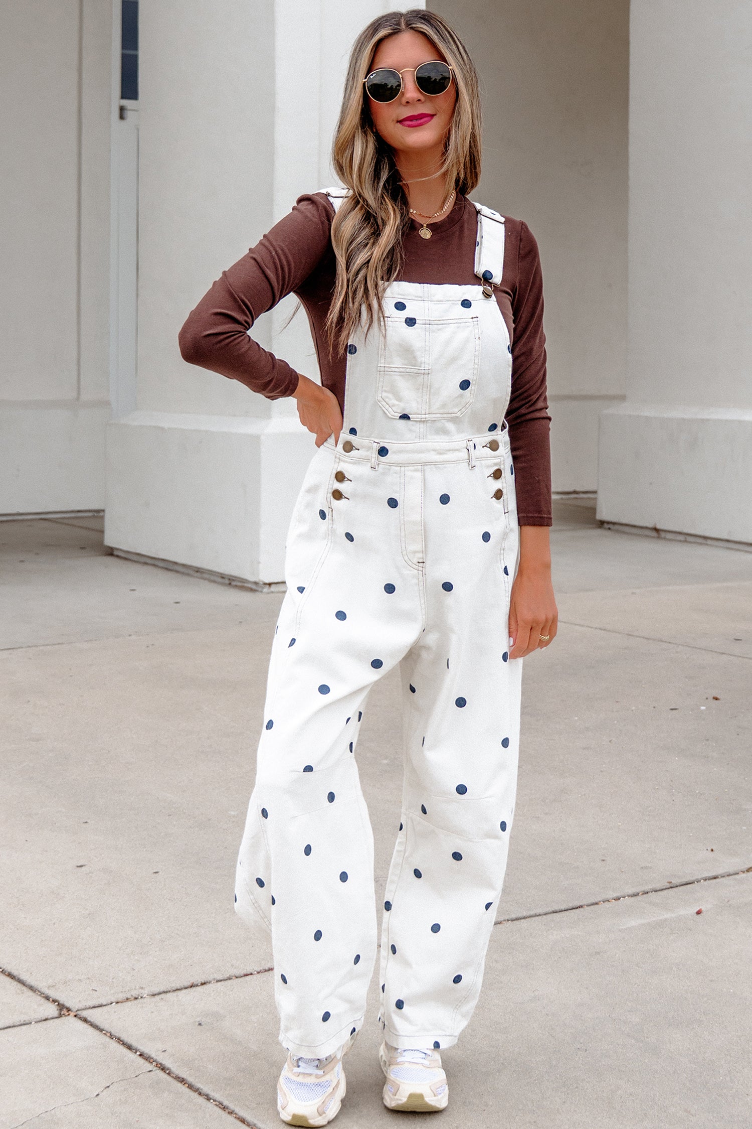 Light French Beige Polka Dot Print Bib Pocket Denim Barrel Overalls Jumpsuit SALE