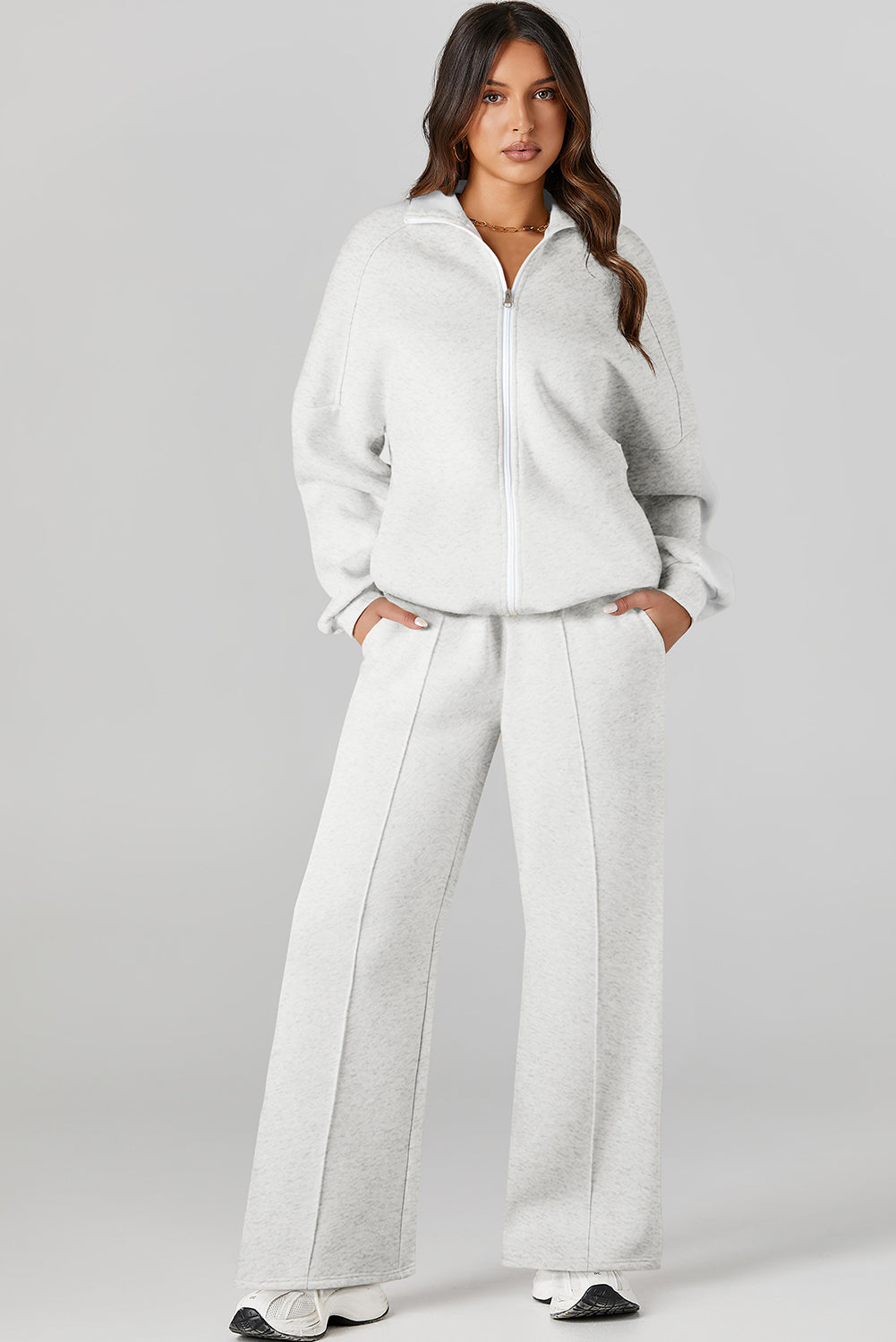 Light Grey Drop Shoulder Zip Up Jacket Drawstring Pants Active 2pcs Set PLUS AVAILIBLE SALE