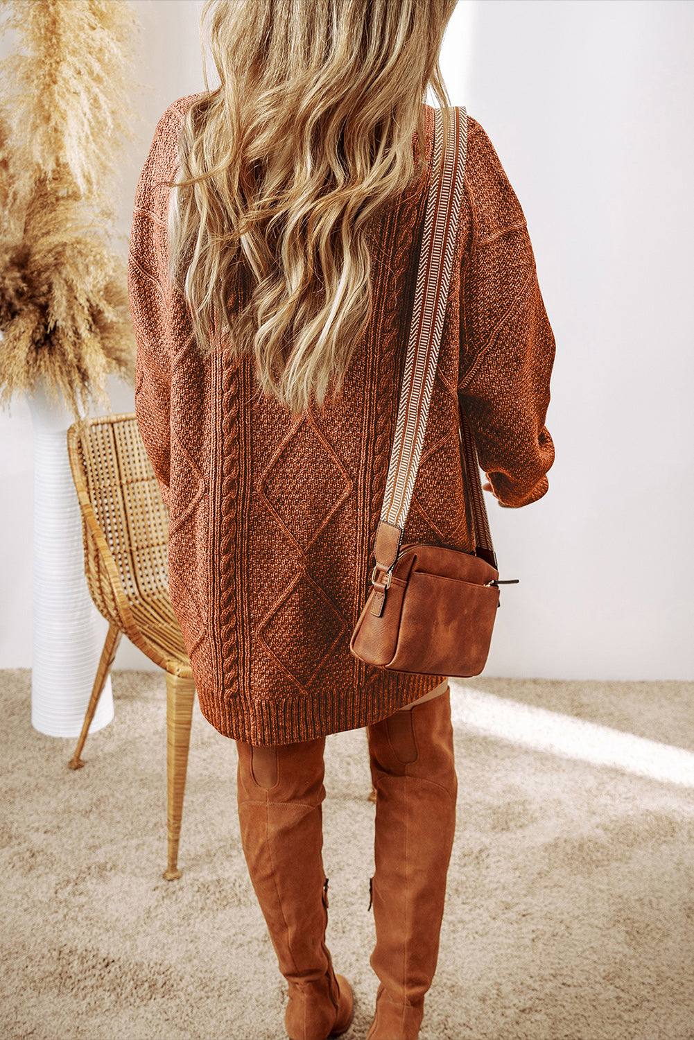 Coffee Cable Knit Drop Shoulder Loose Fit Sweater Dress PLUS AVAILABLE SALE