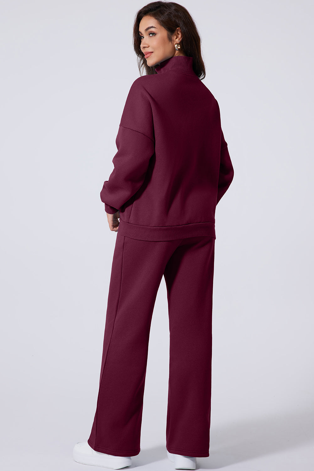 Burgundy Drop Shoulder Zip Up Jacket Drawstring Pants Active 2pcs Set PLUS AVAILIBLE SALE