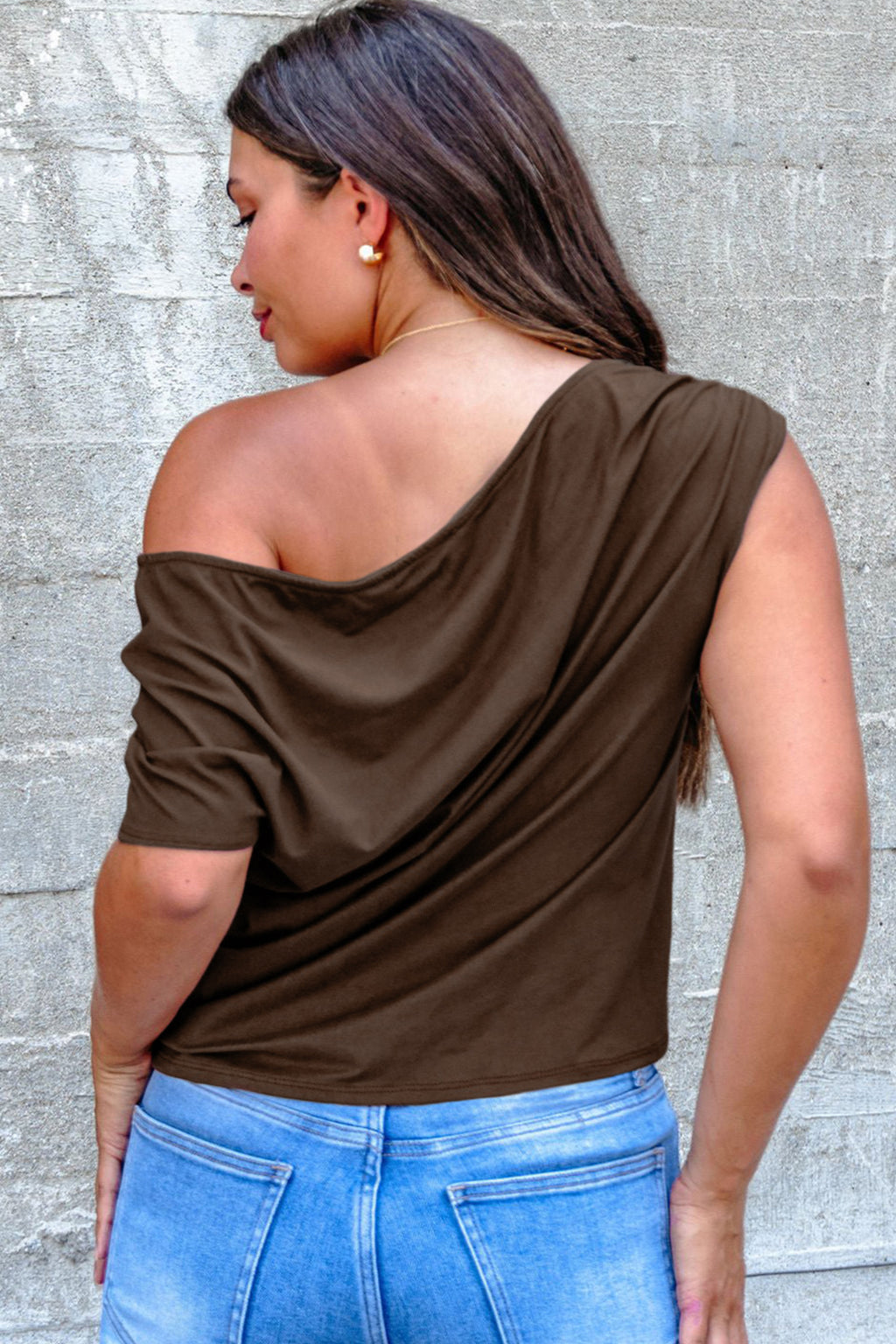 Coffee Plus Size Solid Color Asymmetric Neck Short Sleeve Blouse PLUS AVAILABLE