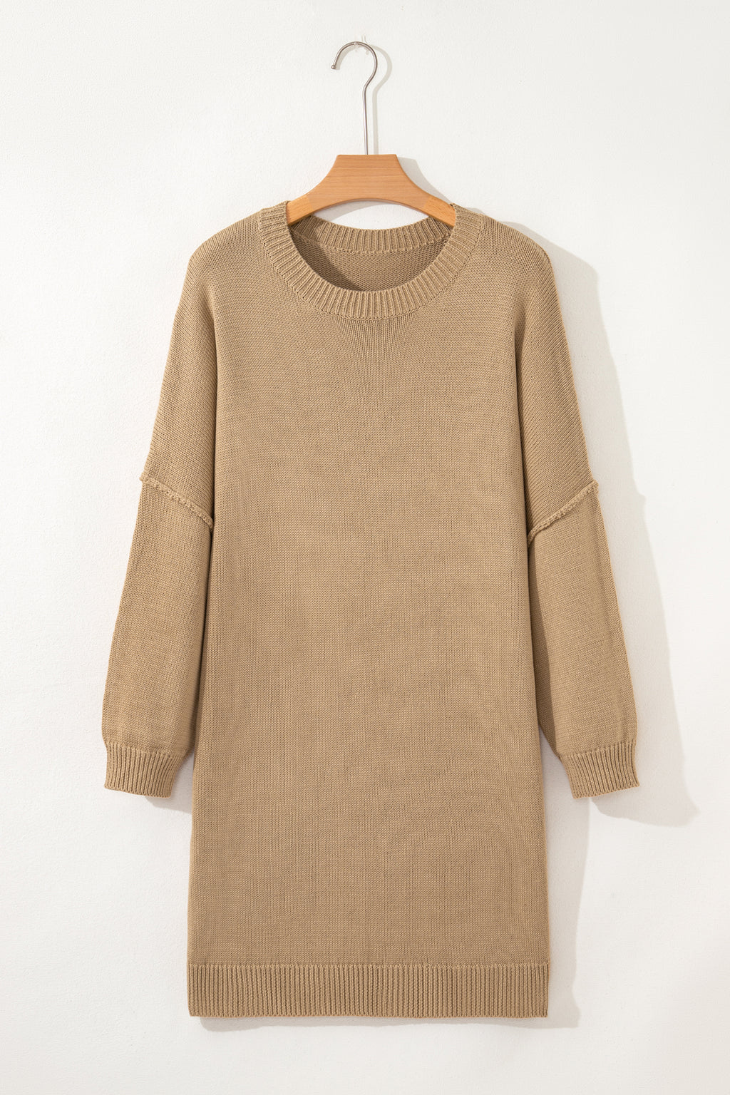 Pale Khaki Exposed Seam Drop Shoulder Oversize Sweater Mini Dress SALE