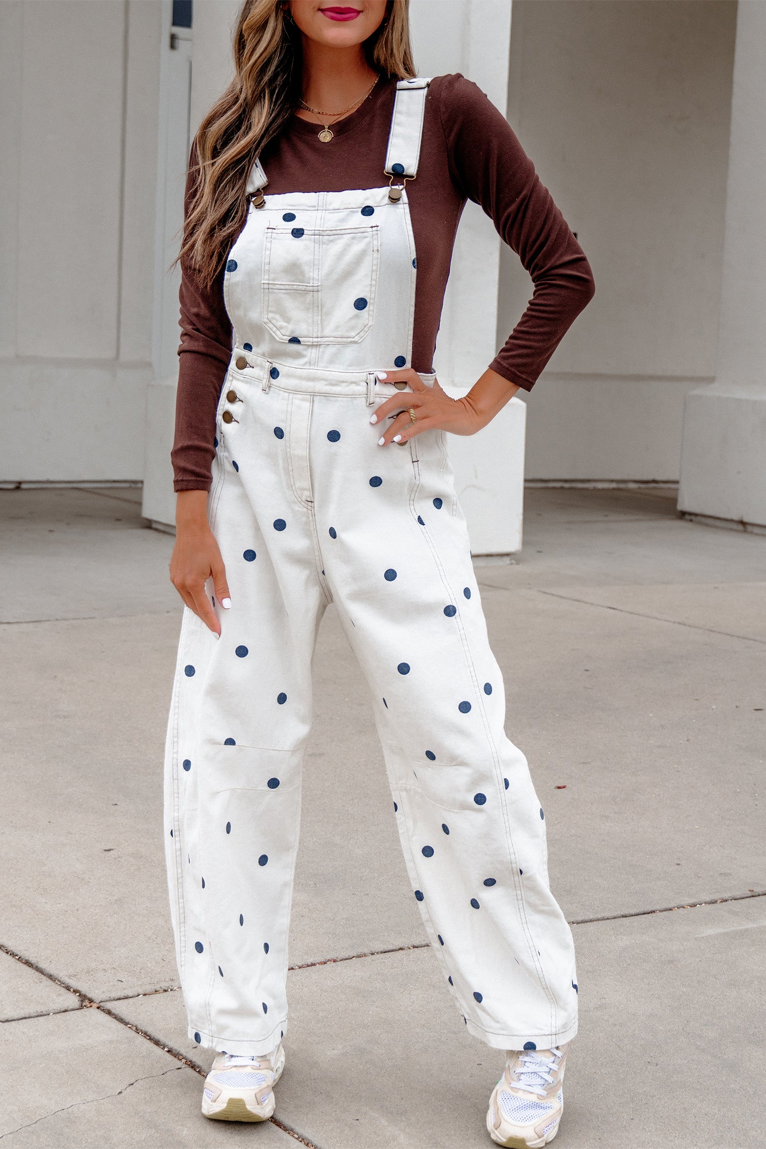 Light French Beige Polka Dot Print Bib Pocket Denim Barrel Overalls Jumpsuit SALE