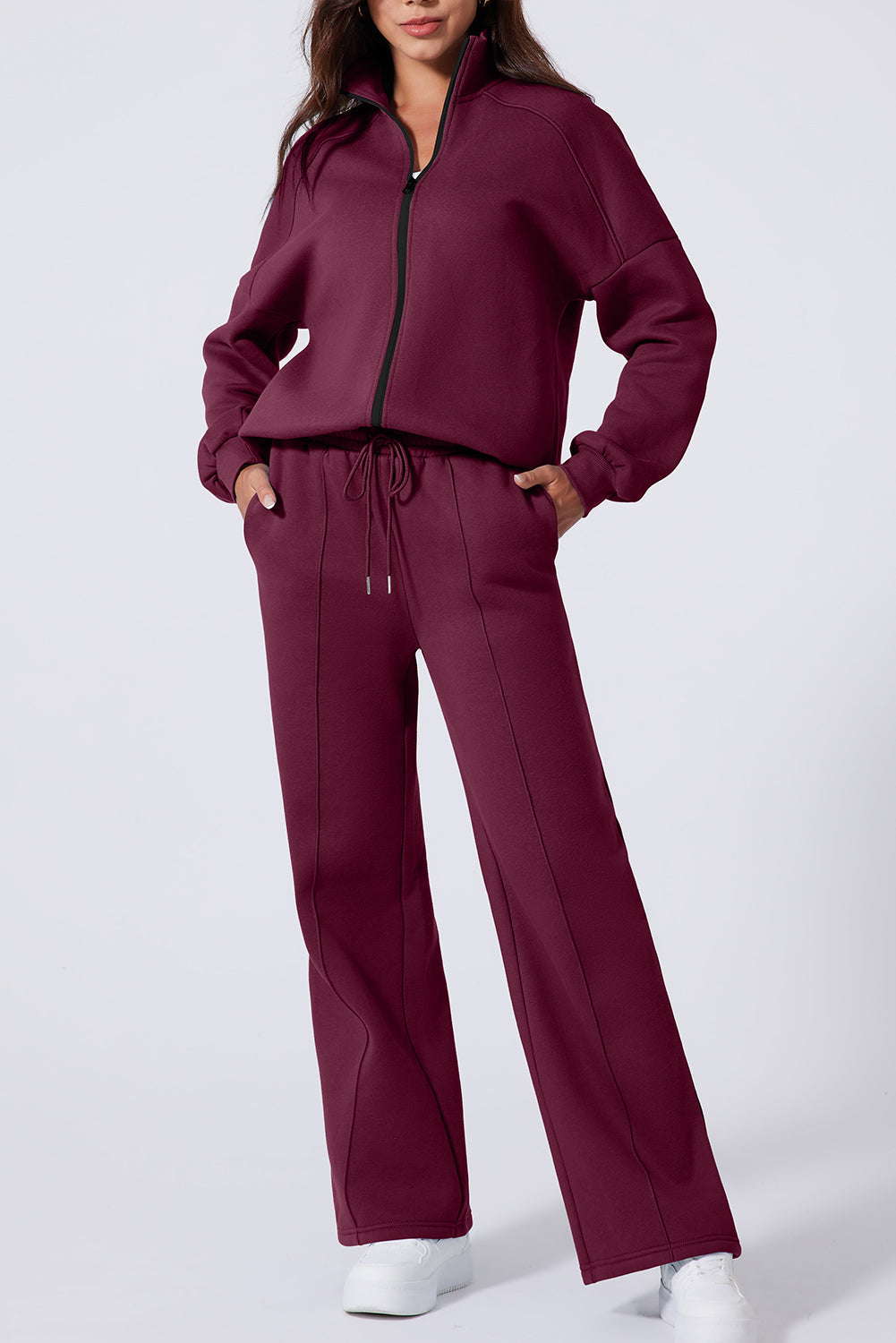 Burgundy Drop Shoulder Zip Up Jacket Drawstring Pants Active 2pcs Set PLUS AVAILIBLE SALE