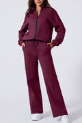 Burgundy Drop Shoulder Zip Up Jacket Drawstring Pants Active 2pcs Set PLUS AVAILIBLE SALE
