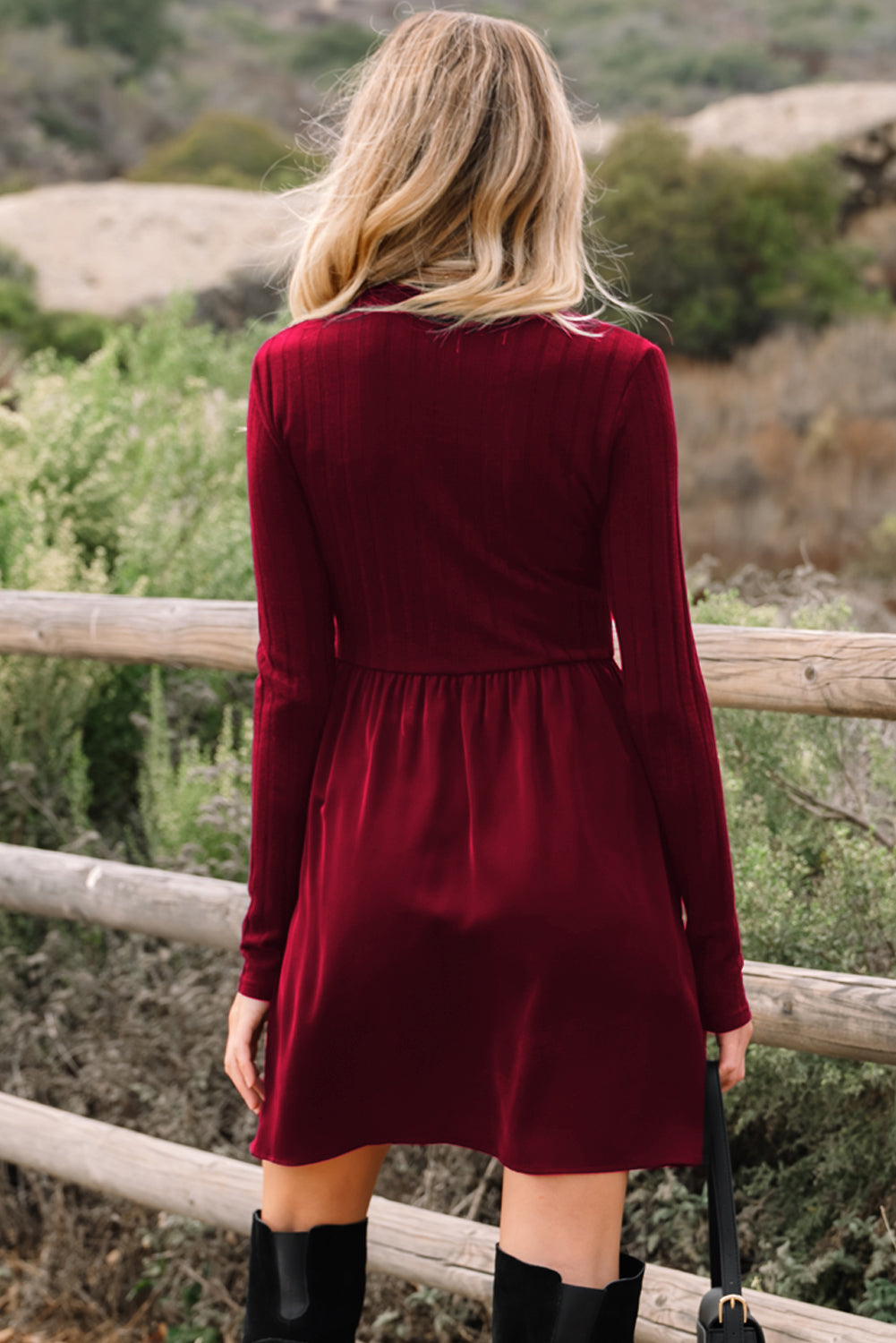 SALE Red Dahlia Frilled Neck Ribbed Knit Patchwork Long Sleeve Mini Dress