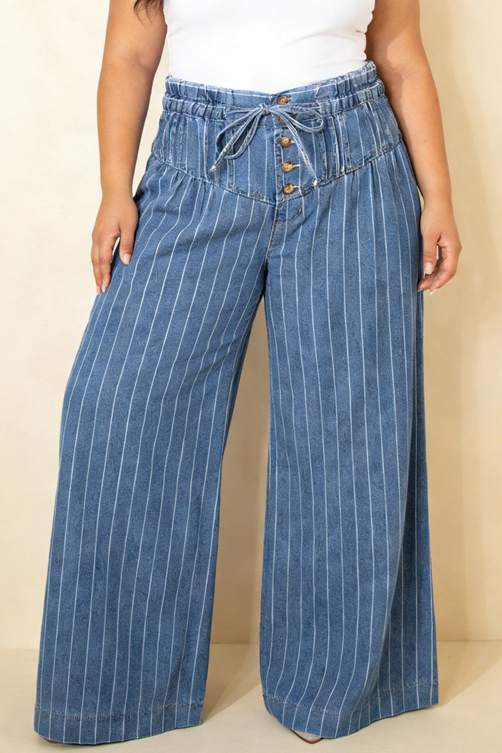 Sky Blue Stripe Plus Size Buttoned Loose Wide Leg Denim Pants SALE