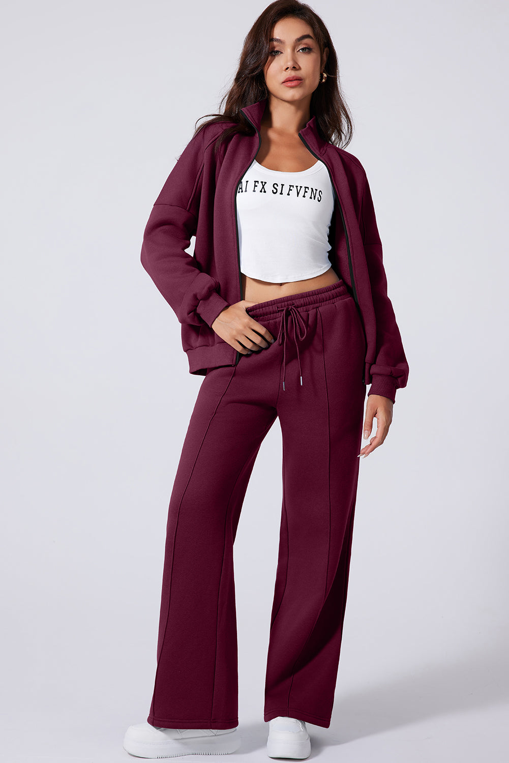 Burgundy Drop Shoulder Zip Up Jacket Drawstring Pants Active 2pcs Set PLUS AVAILIBLE SALE