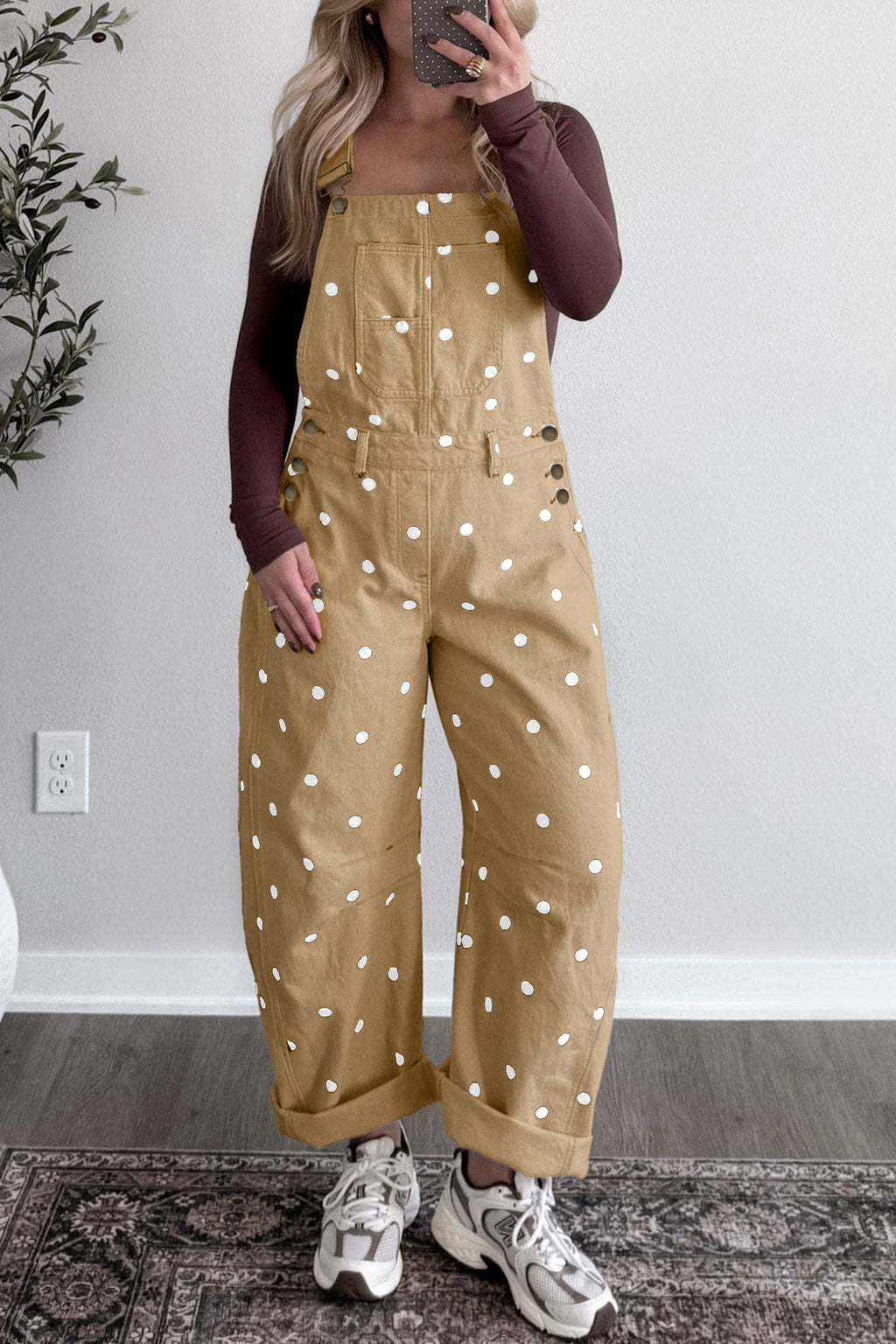Light French Beige Polka Dot Print Bib Pocket Denim Barrel Overalls Jumpsuit SALE