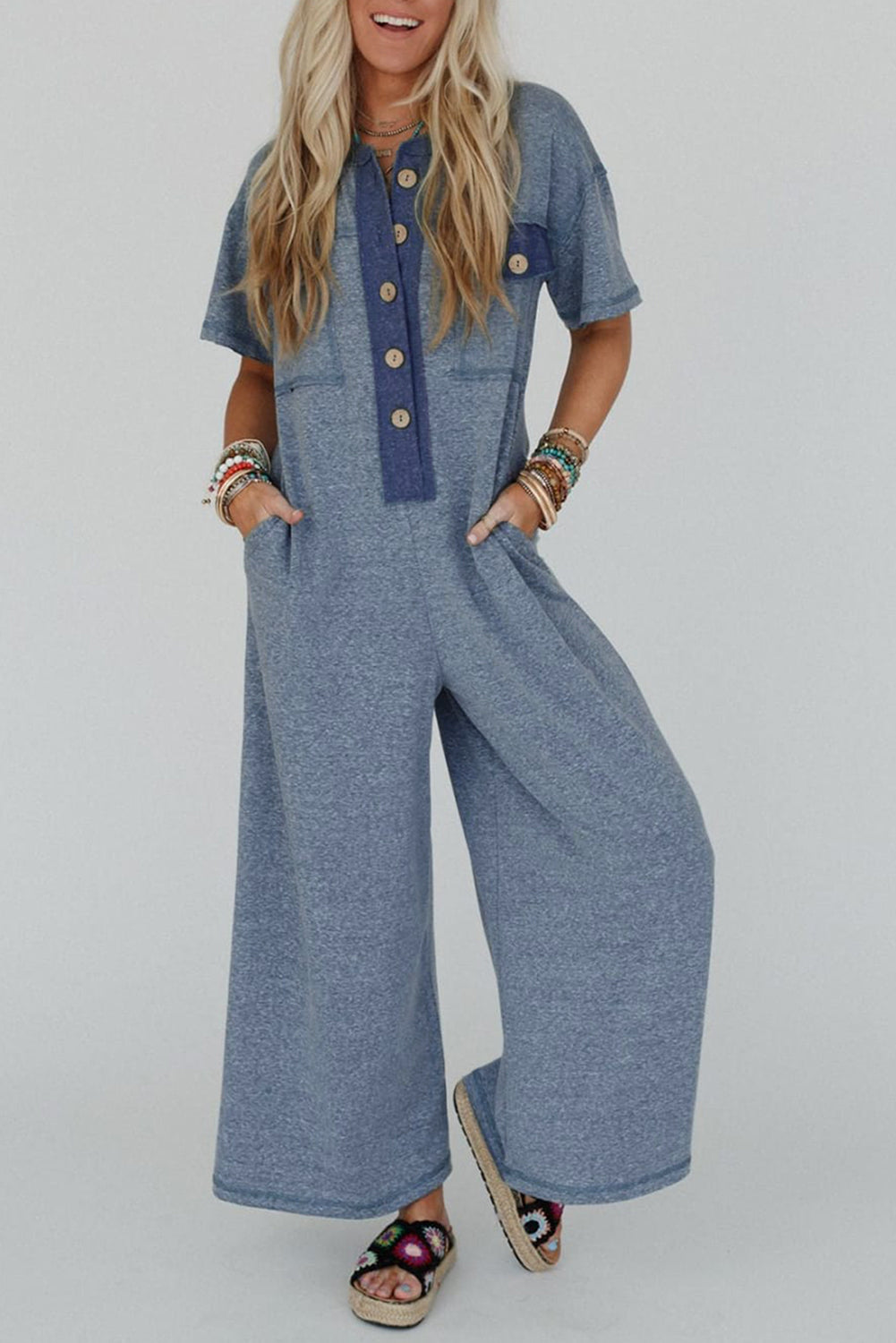 Beau Blue Half Placket Chest Pockets Short Sleeve Wide Leg Jumpsuit SALE