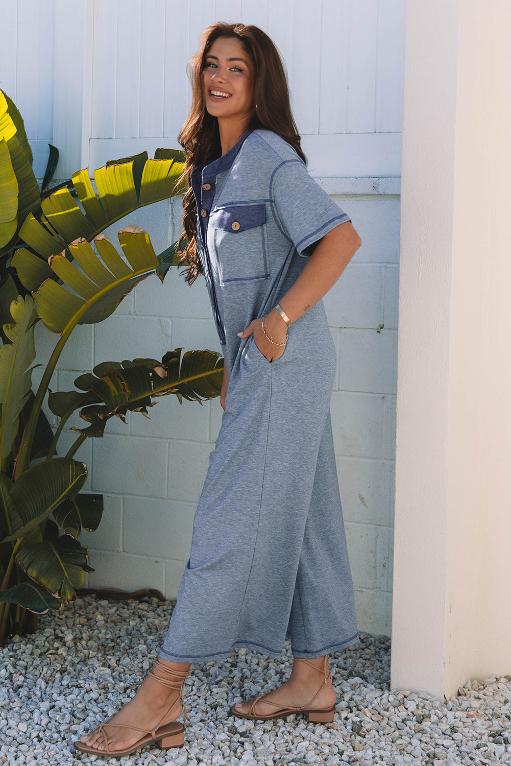 Beau Blue Half Placket Chest Pockets Short Sleeve Wide Leg Jumpsuit SALE