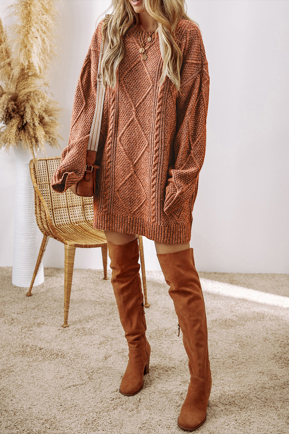 Coffee Cable Knit Drop Shoulder Loose Fit Sweater Dress PLUS AVAILABLE SALE