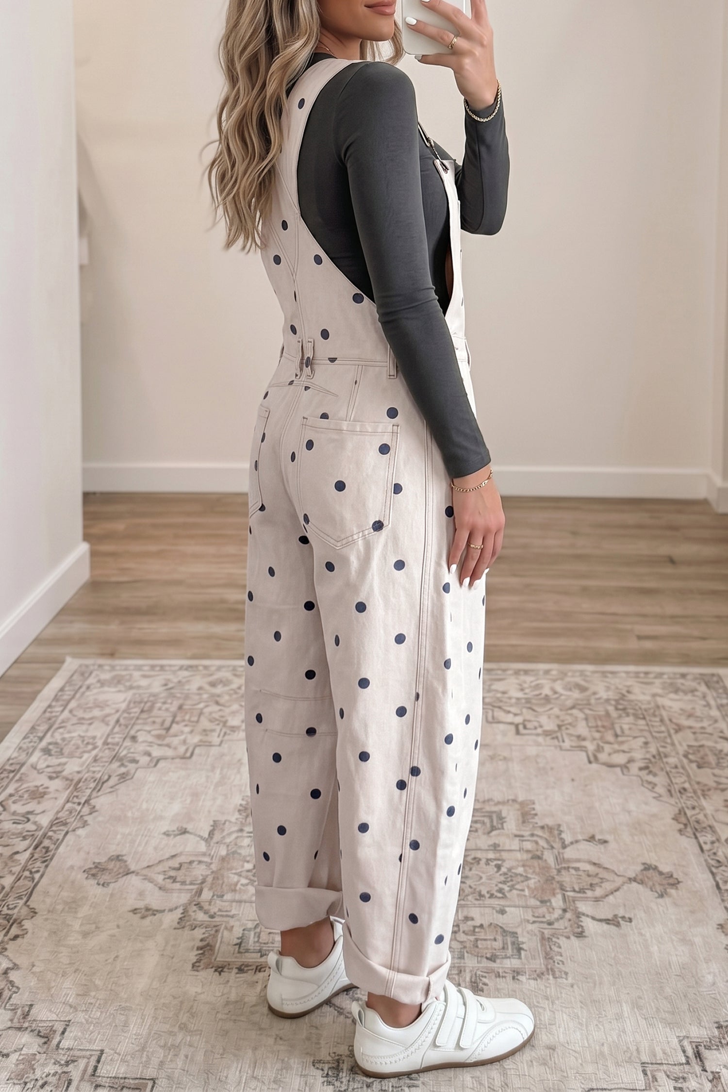 Light French Beige Polka Dot Print Bib Pocket Denim Barrel Overalls Jumpsuit SALE