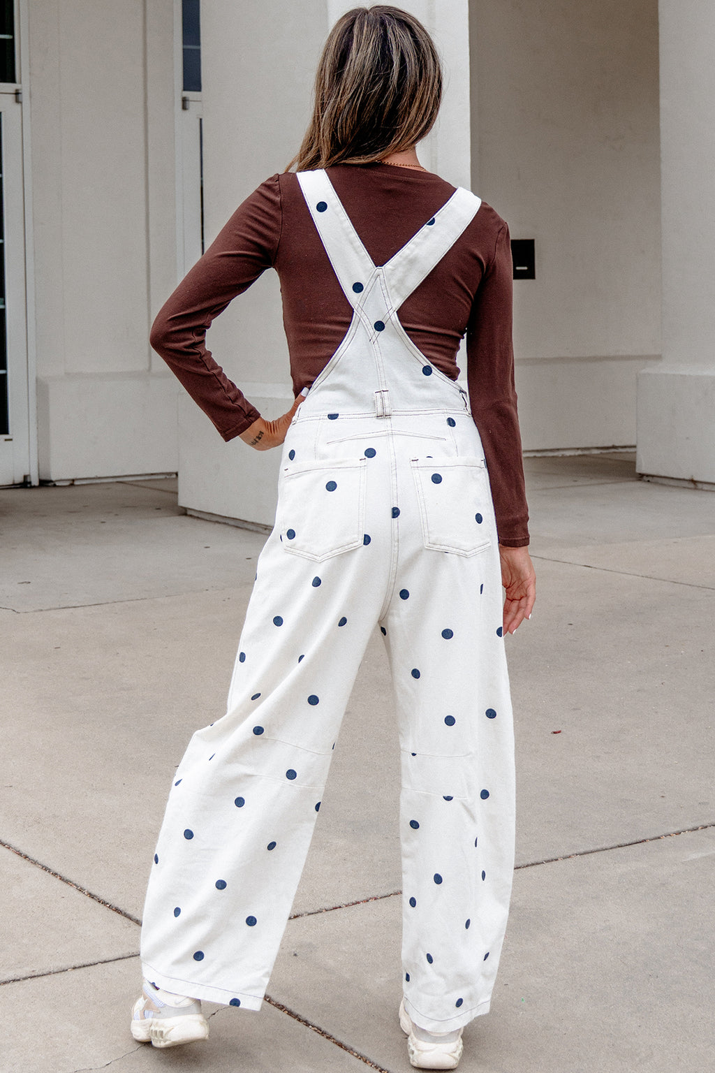 Light French Beige Polka Dot Print Bib Pocket Denim Barrel Overalls Jumpsuit SALE