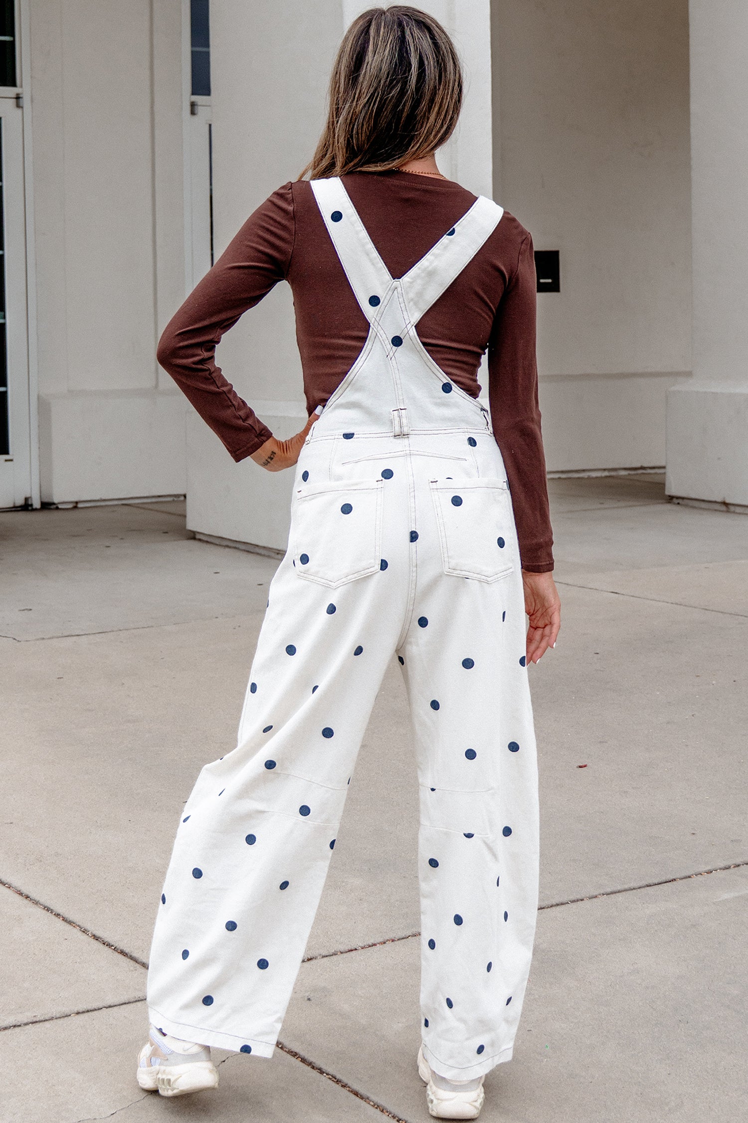Light French Beige Polka Dot Print Bib Pocket Denim Barrel Overalls Jumpsuit SALE