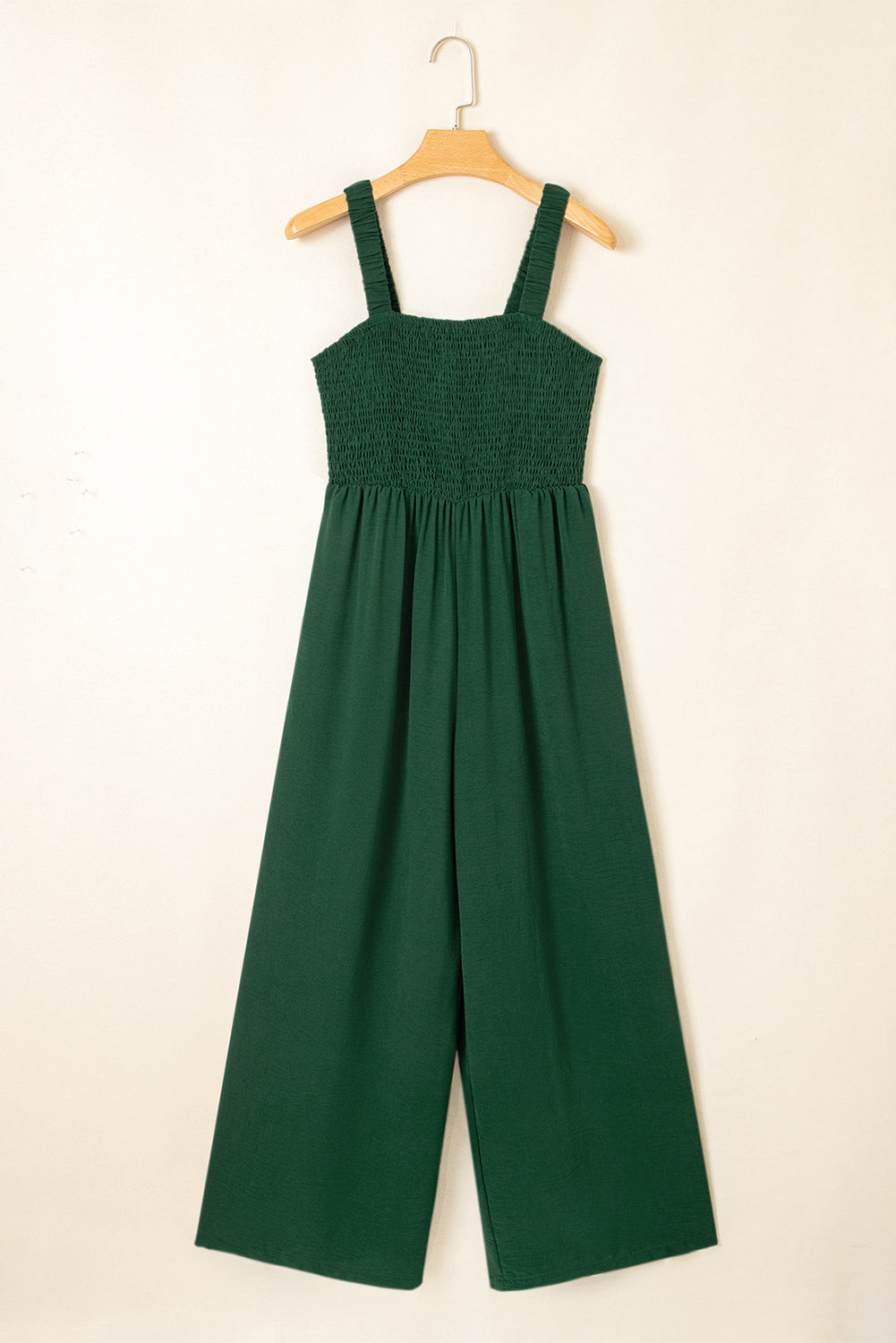 Green Smocked Sleeveless Wide Leg Jumpsuit with Pockets PLUS AVAILABLE