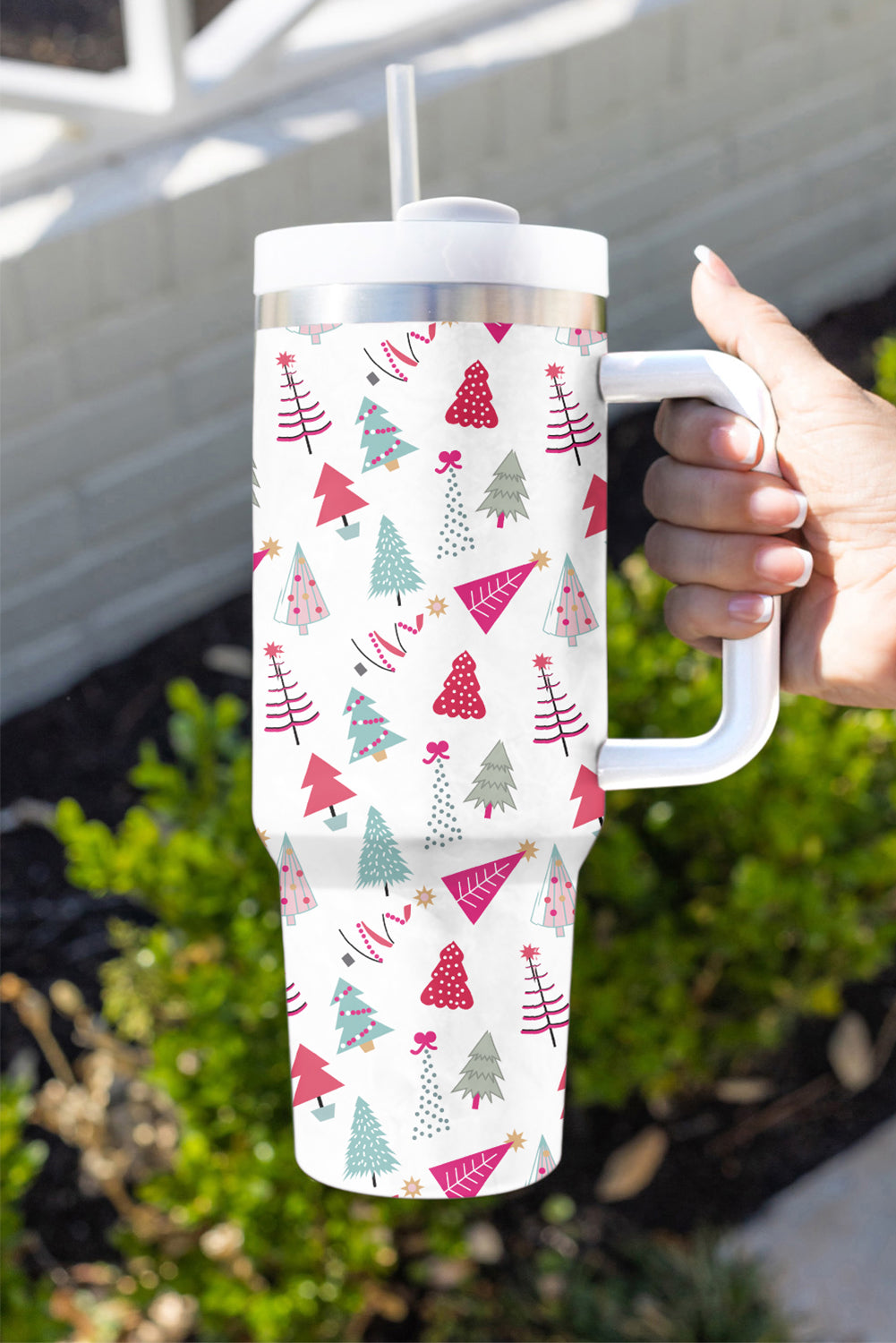SALE White Cartoon Christmas Tree Printed Thermos Cup 40oz