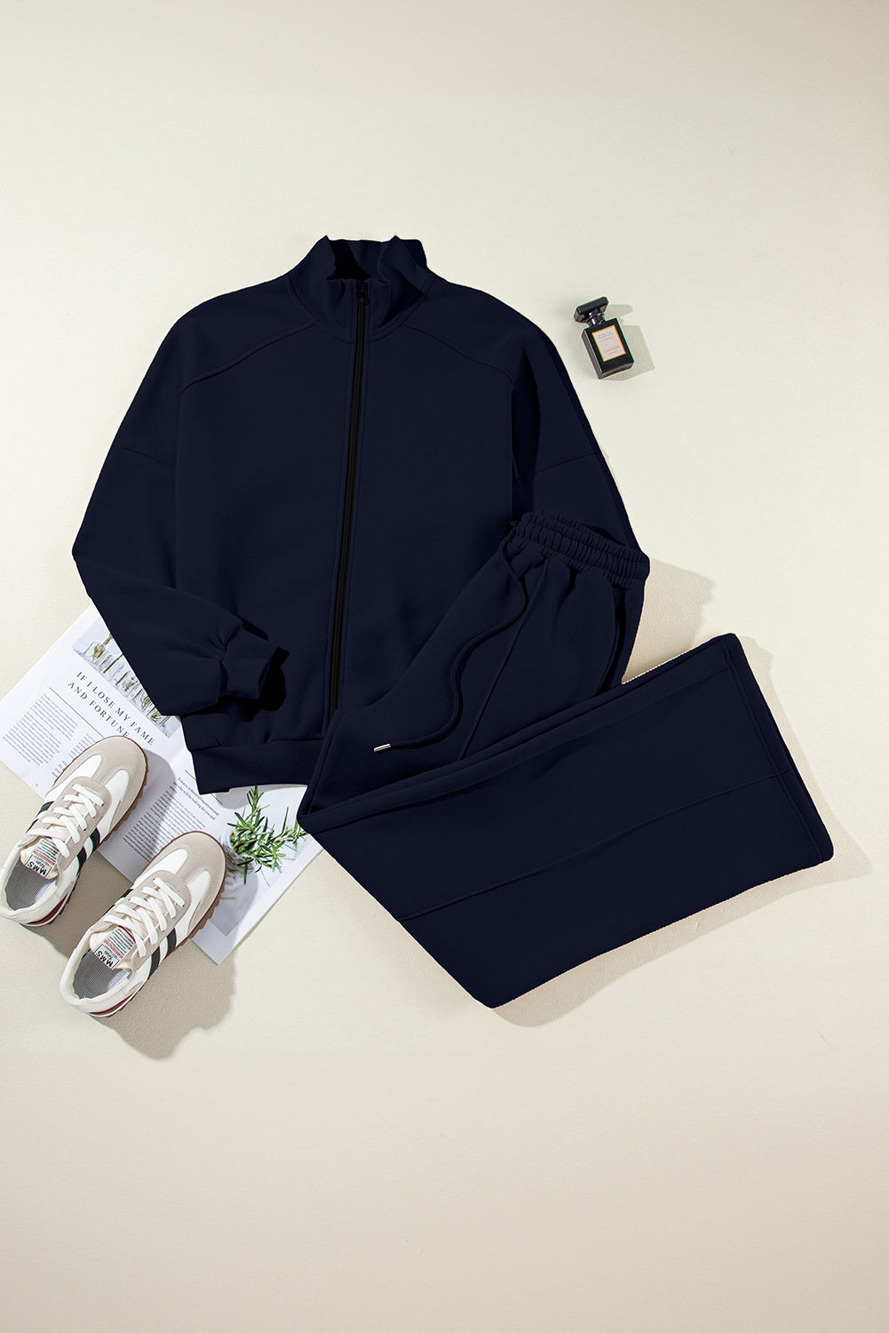 Navy Blue Drop Shoulder Zip Up Jacket Drawstring Pants Active 2pcs Set PLUS AVAILIBLE SALE