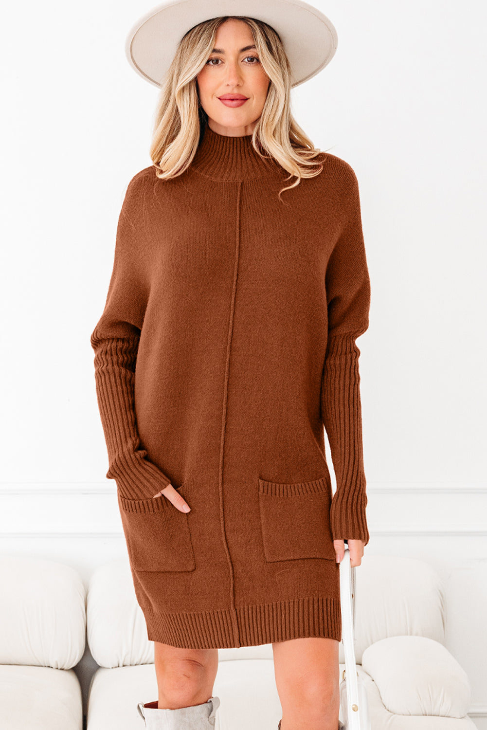 Chestnut Ribbed High Neck Front Pockets Center Seam Shift Sweater Dress SALE