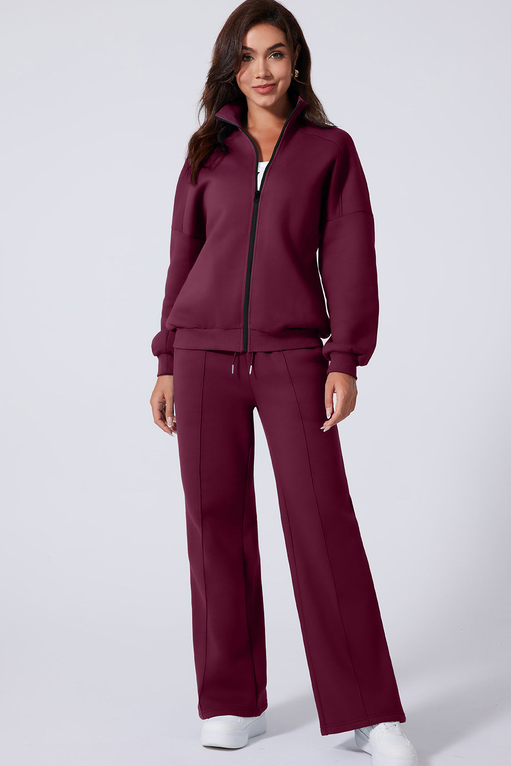 Burgundy Drop Shoulder Zip Up Jacket Drawstring Pants Active 2pcs Set PLUS AVAILIBLE SALE