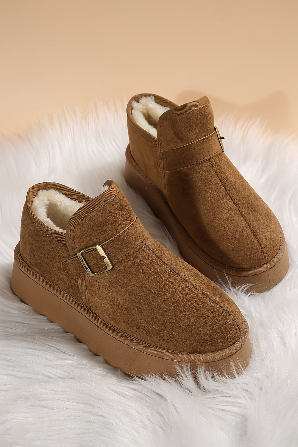 Coffee Buckle Detail Round Toe Platform Cozy Winter Boots SALE