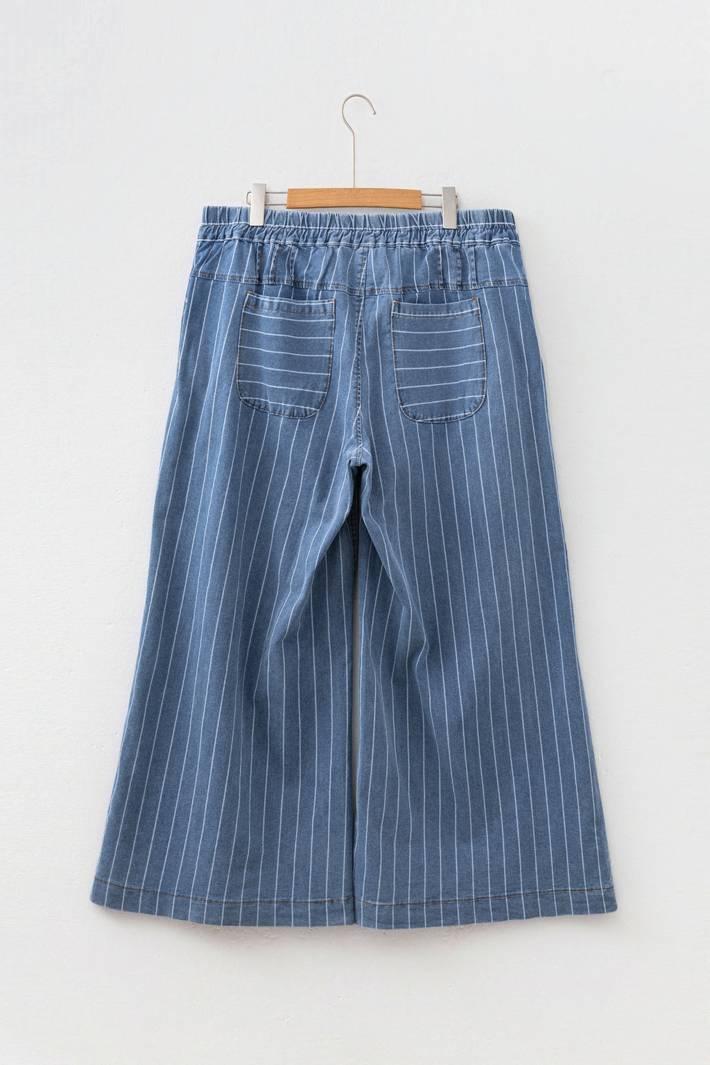 Sky Blue Stripe Plus Size Buttoned Loose Wide Leg Denim Pants SALE