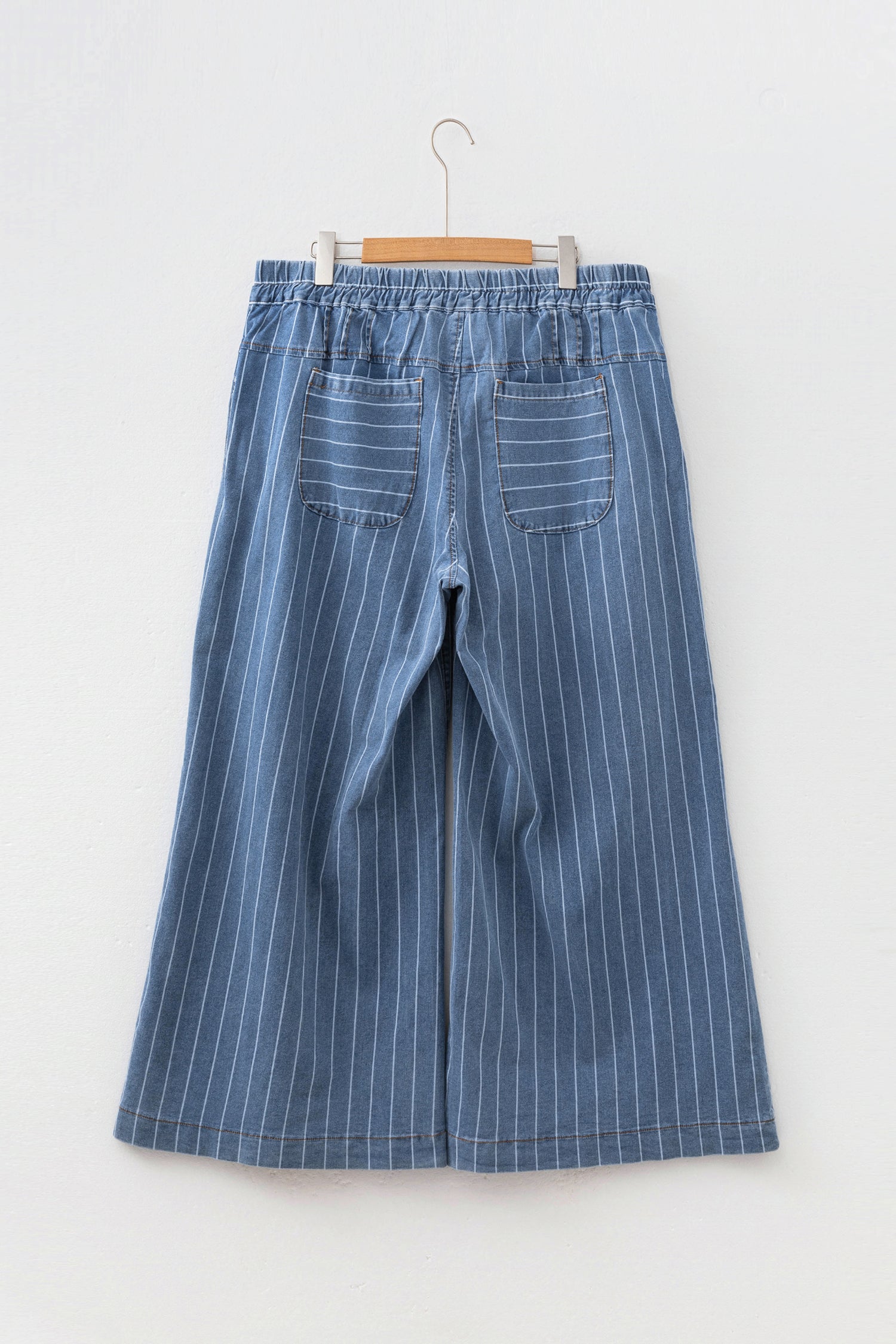 Sky Blue Stripe Plus Size Buttoned Loose Wide Leg Denim Pants SALE