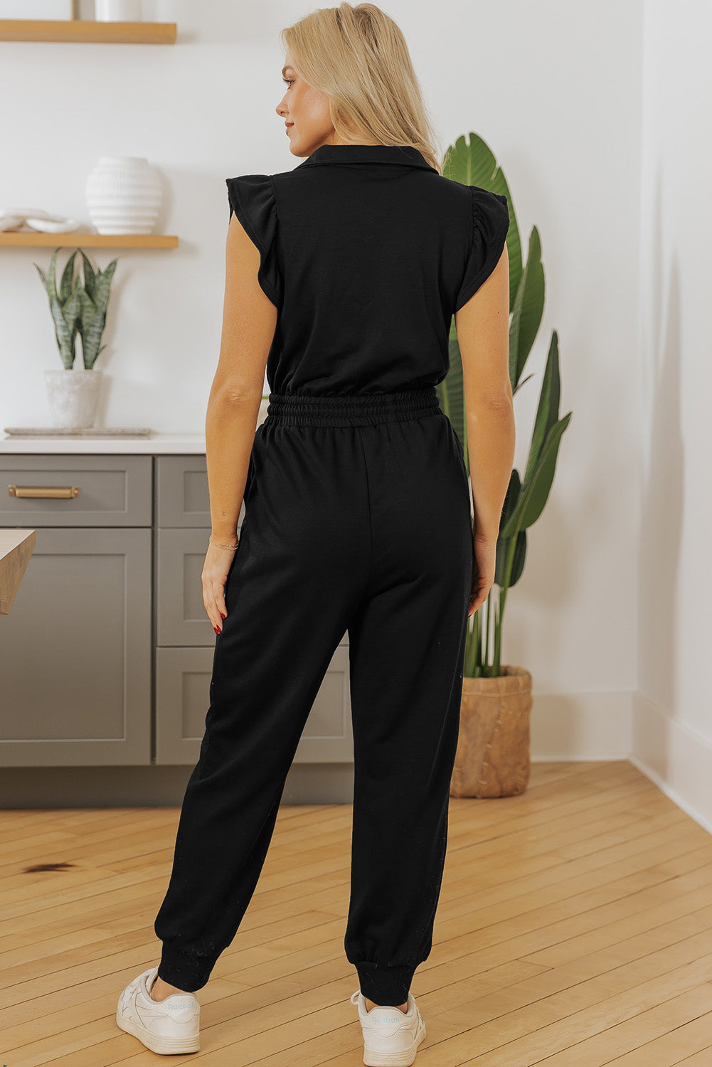 Black Zipper Flutter Sleeve Drawstring Elastic Waistband Jumpsuit SALE