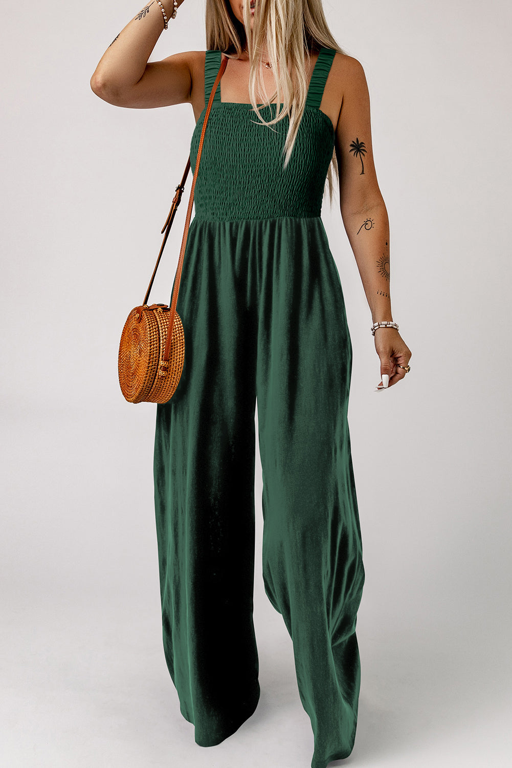 Green Smocked Sleeveless Wide Leg Jumpsuit with Pockets PLUS AVAILABLE