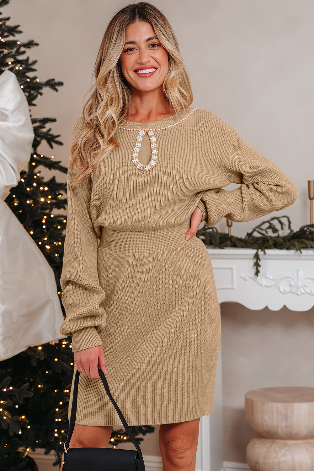 Smoke Gray Pearl Embellished Keyhole Ribbed Sweater Dress SALE
