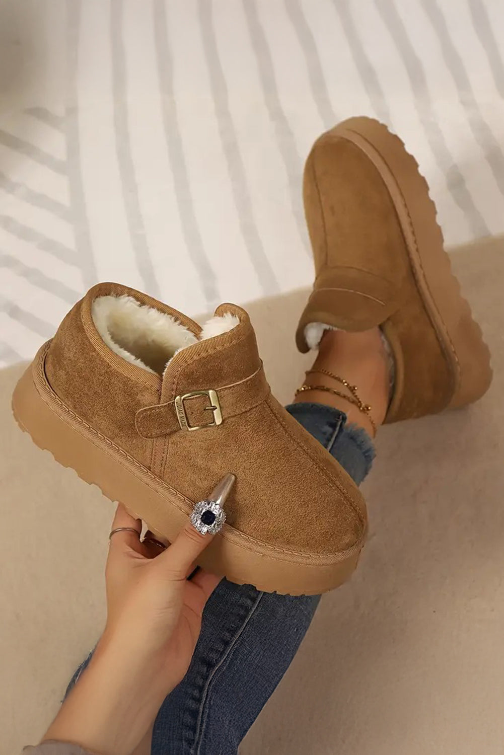 Coffee Buckle Detail Round Toe Platform Cozy Winter Boots SALE