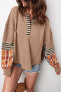 Straw Yellow Waffle Stripe Plaid Patchwork Henley Knit Top SALE