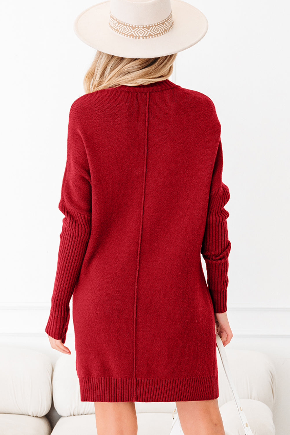 Fiery Red Ribbed High Neck Front Pockets Center Seam Shift Sweater Dress SALE