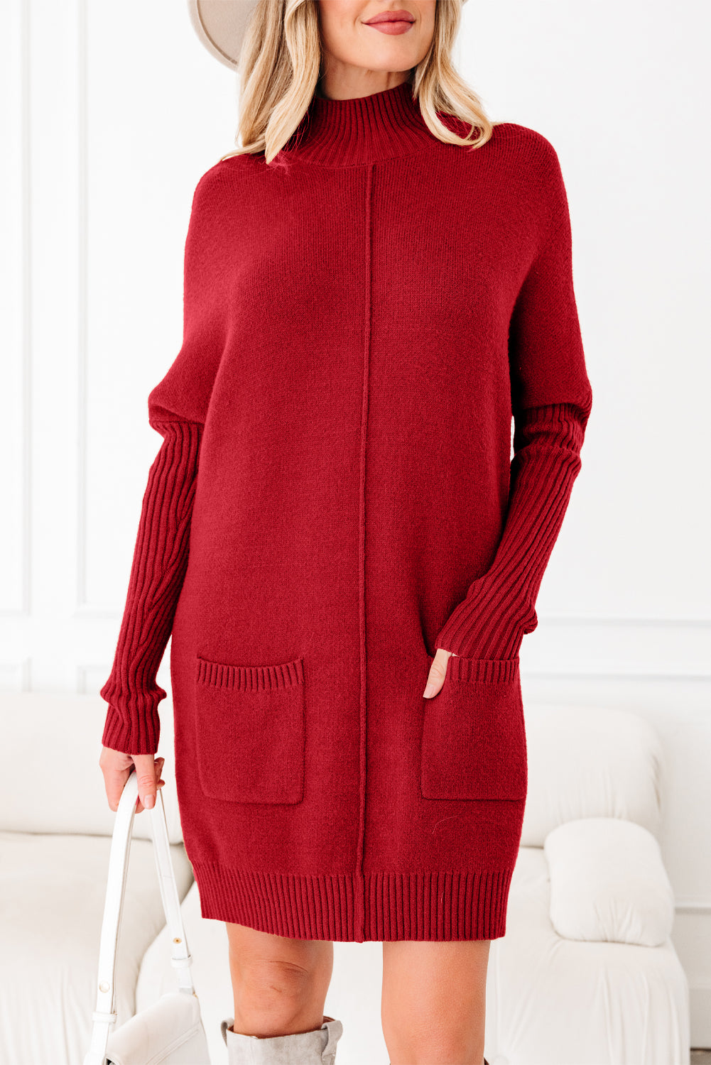 Fiery Red Ribbed High Neck Front Pockets Center Seam Shift Sweater Dress SALE