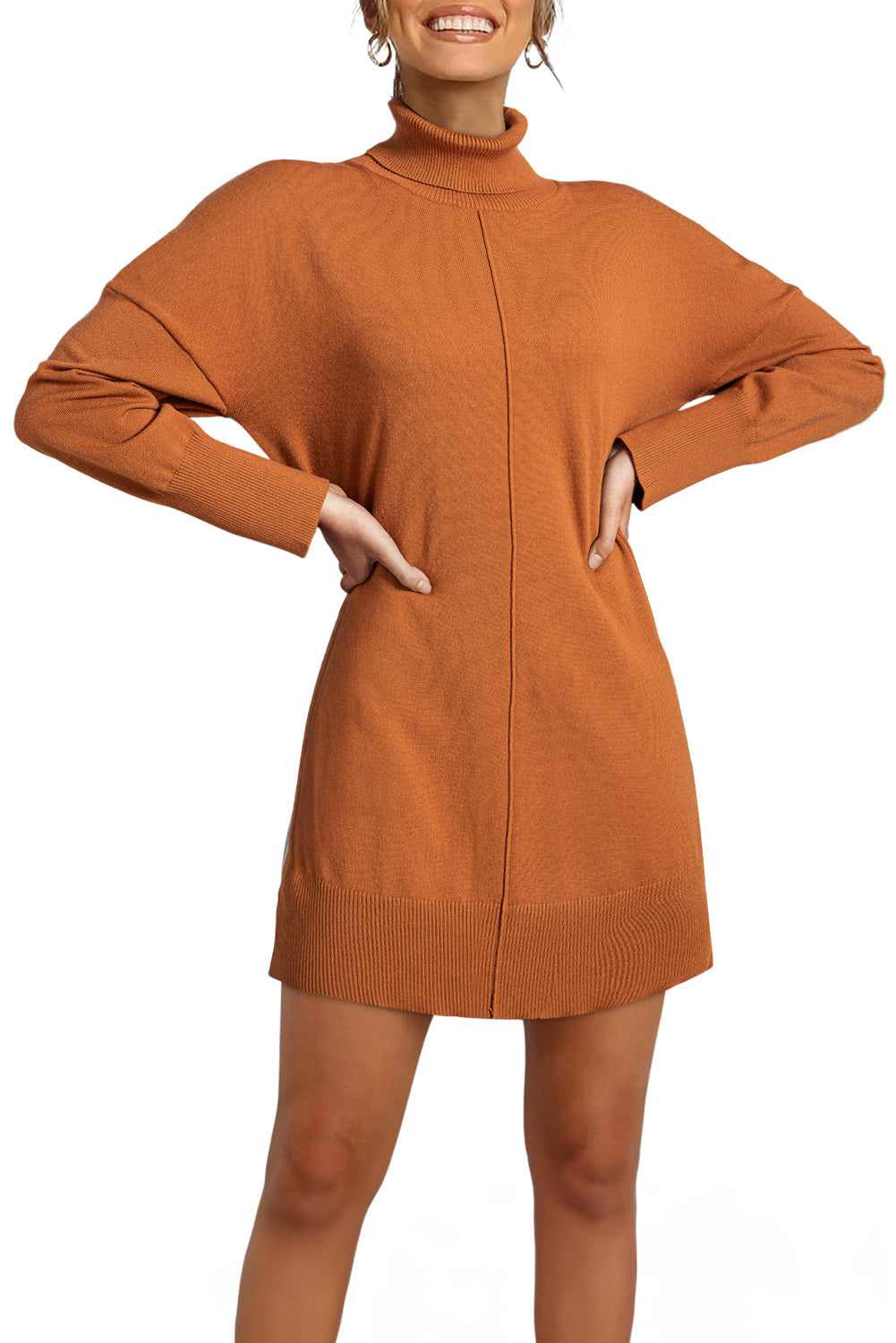 Gold Flame Solid Color Turtleneck Drop Shoulder Loose Sweater Dress PLUS AVAILABLE SALE