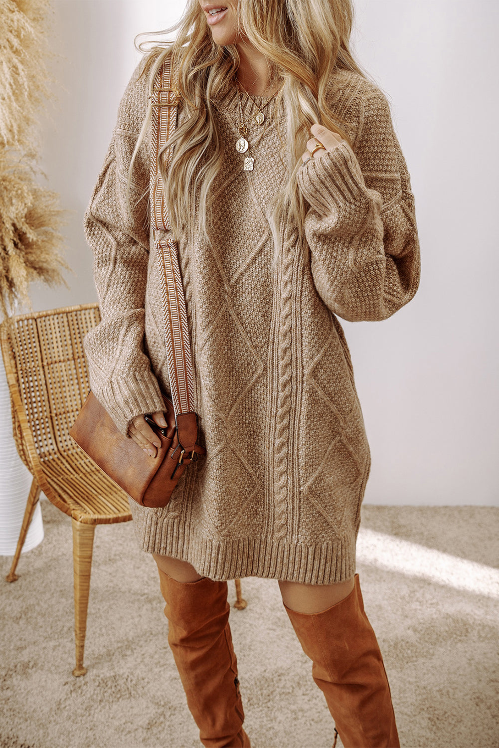 Parchment Cable Knit Drop Shoulder Loose Fit Sweater Dress PLUS AVAILABLE SALE
