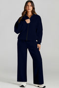 Navy Blue Drop Shoulder Zip Up Jacket Drawstring Pants Active 2pcs Set PLUS AVAILIBLE SALE