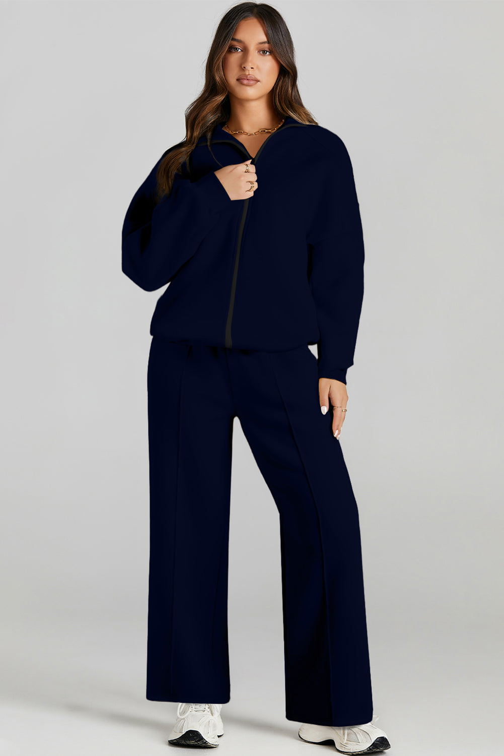 Navy Blue Drop Shoulder Zip Up Jacket Drawstring Pants Active 2pcs Set PLUS AVAILIBLE SALE