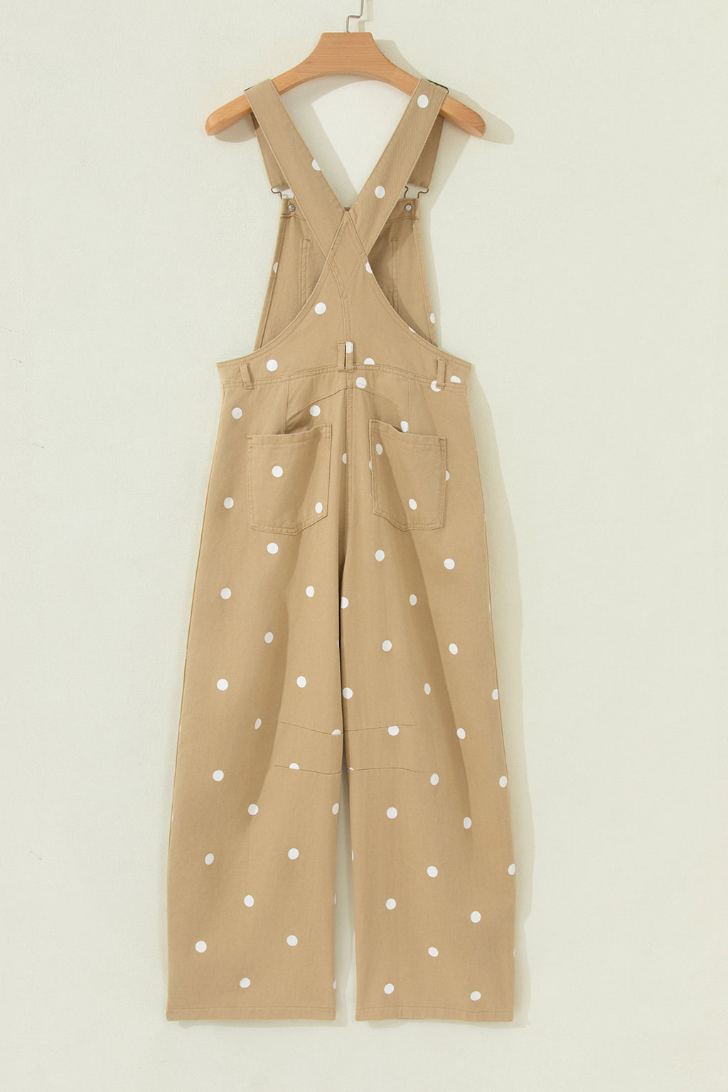 Light French Beige Polka Dot Print Bib Pocket Denim Barrel Overalls Jumpsuit SALE