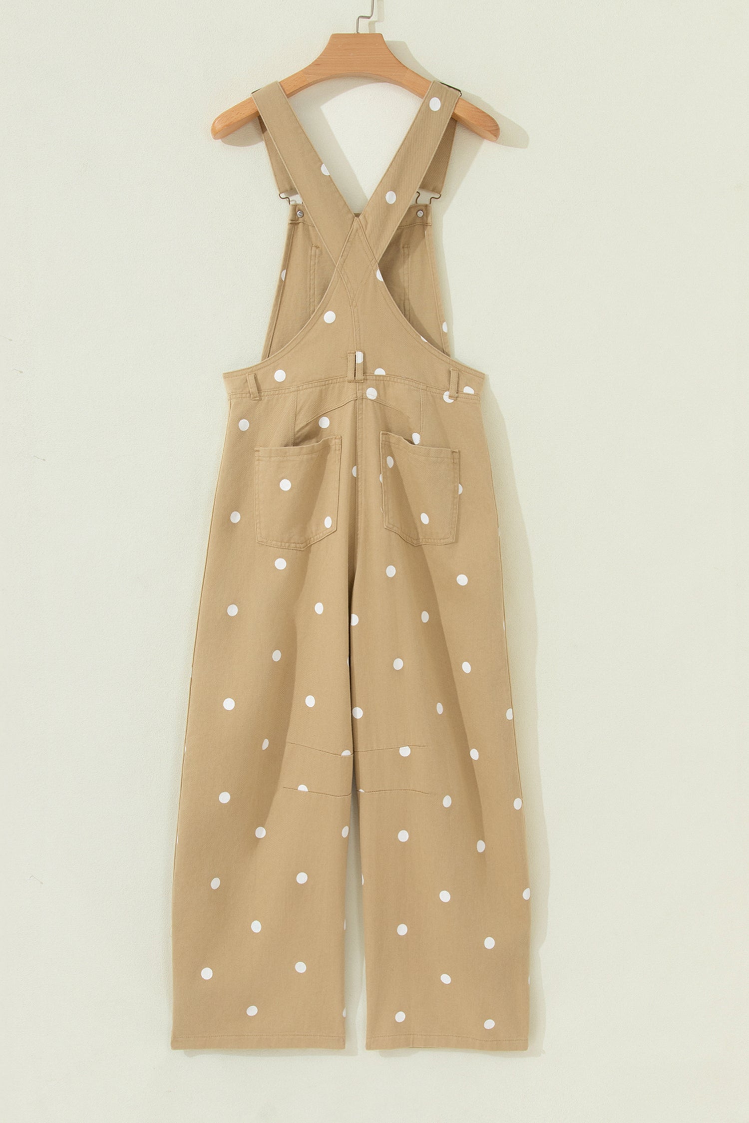 Light French Beige Polka Dot Print Bib Pocket Denim Barrel Overalls Jumpsuit SALE