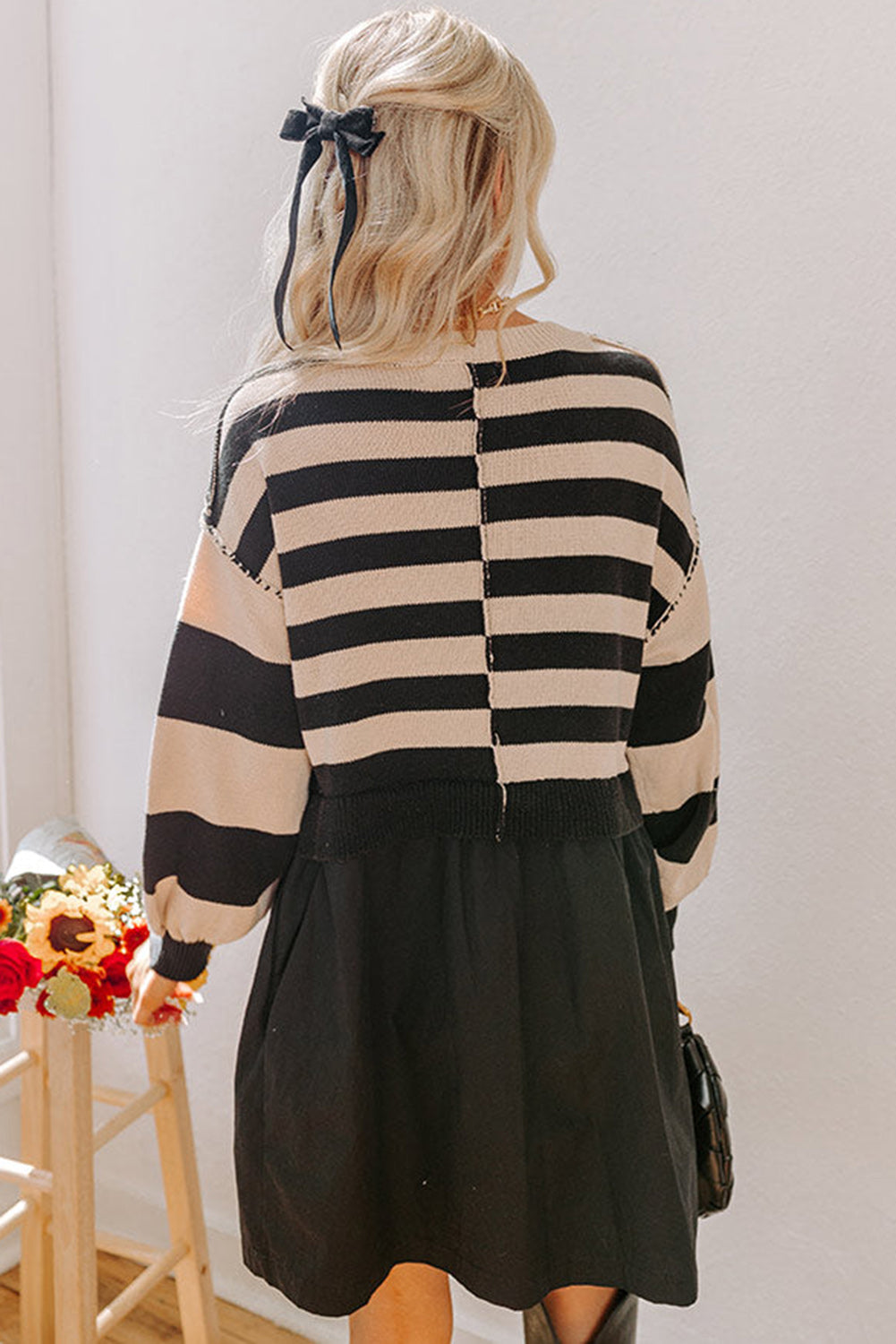 Black Stripe Two in One Knitted Top High Waist Splicing Hem Sweater Dress SALE