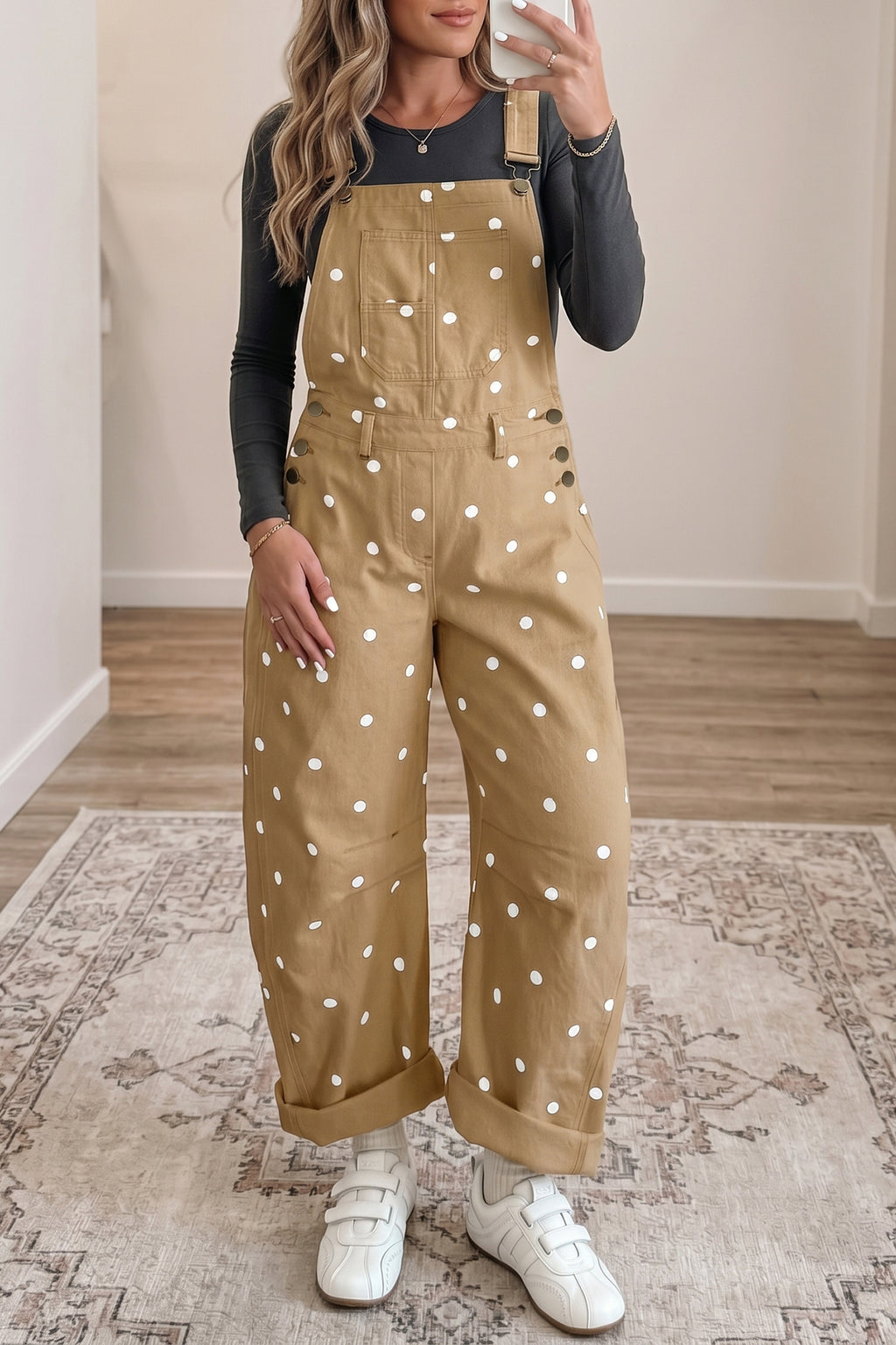 Light French Beige Polka Dot Print Bib Pocket Denim Barrel Overalls Jumpsuit SALE